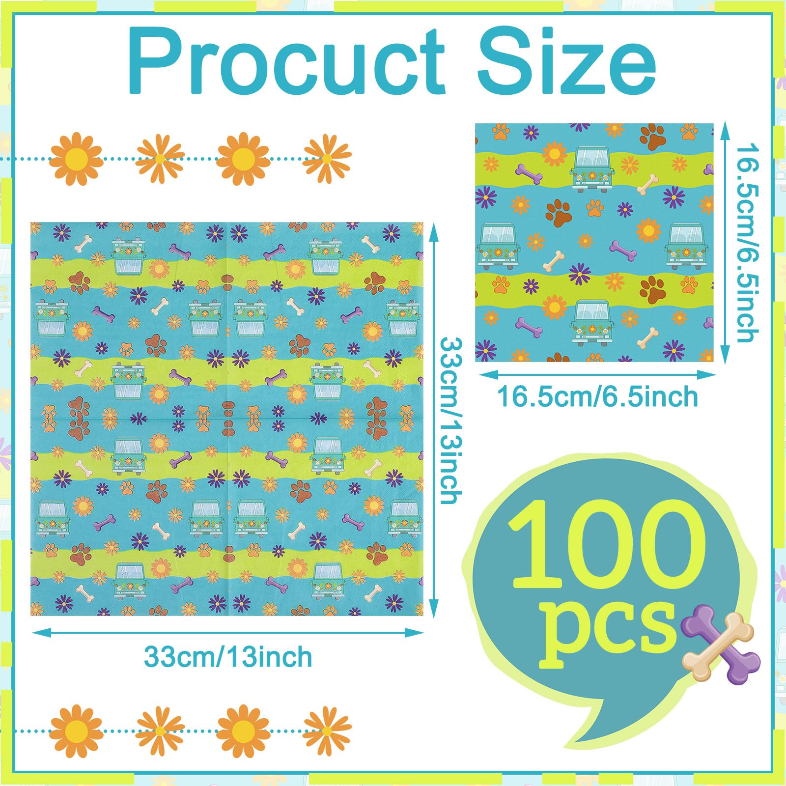 Marspark 100 Pcs Mysterious Car Hippie Paper Napkins Cartoon Dog Party Supplies Disposable Paw Daisy Flower Mystery Bus Cocktail Napkins for Themed Party Birthday Supplies(6.5 x 6.5 Inches)