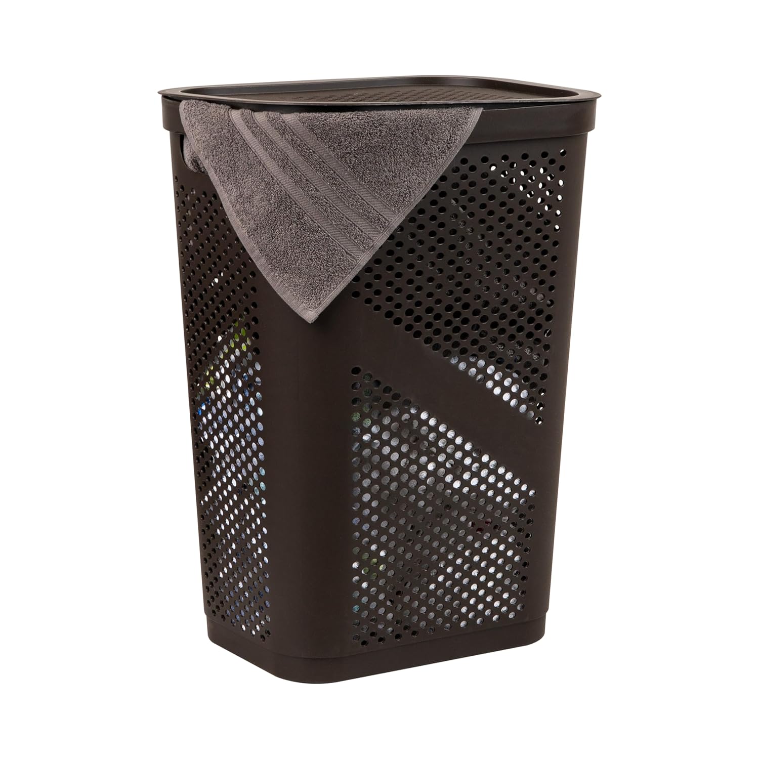 Mind Reader Slim Laundry Hamper with Lid, 60L Clothes Basket, Ventilated Plastic, Brown