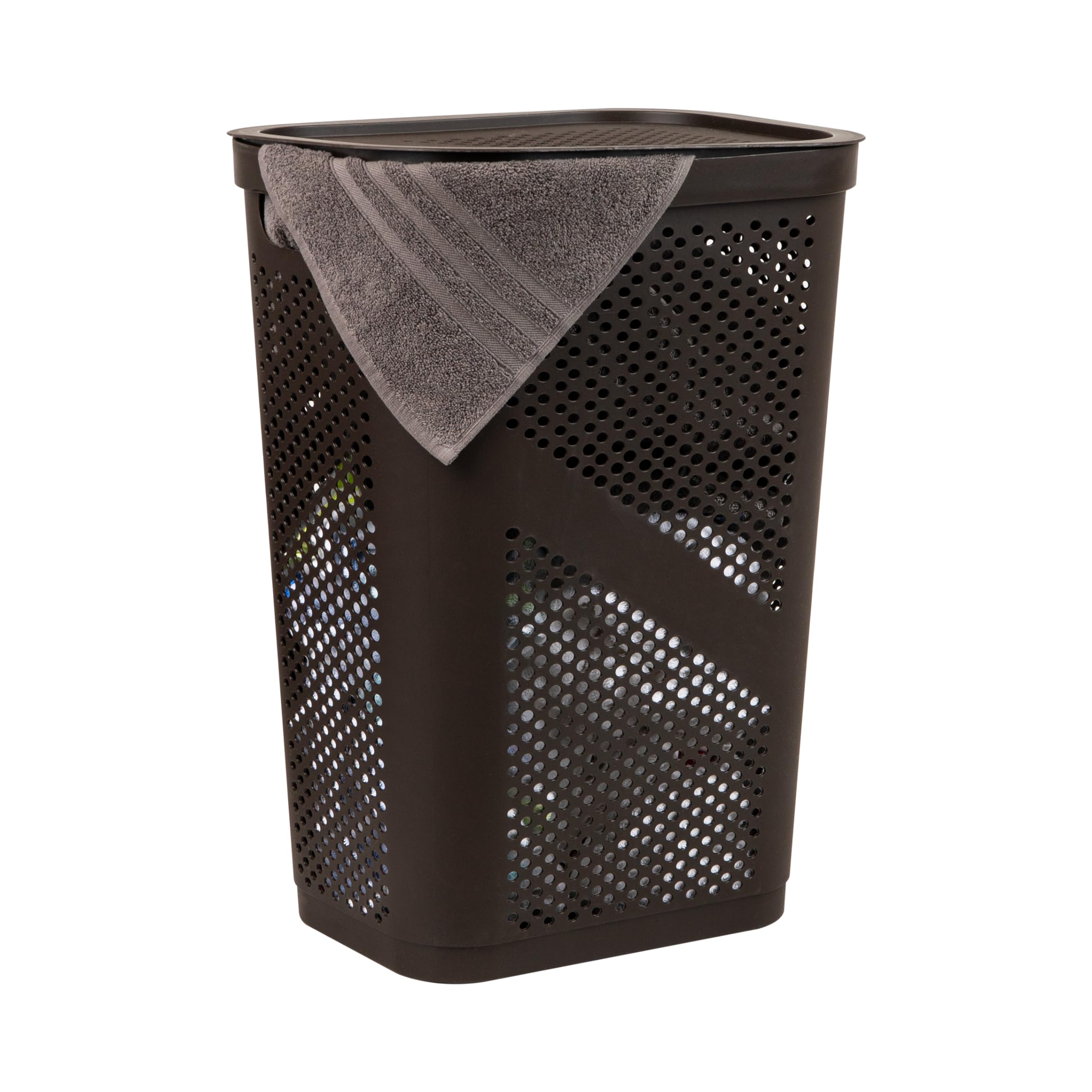 Mind Reader Slim Laundry Hamper with Lid, 60L Clothes Basket, Ventilated Plastic, Brown