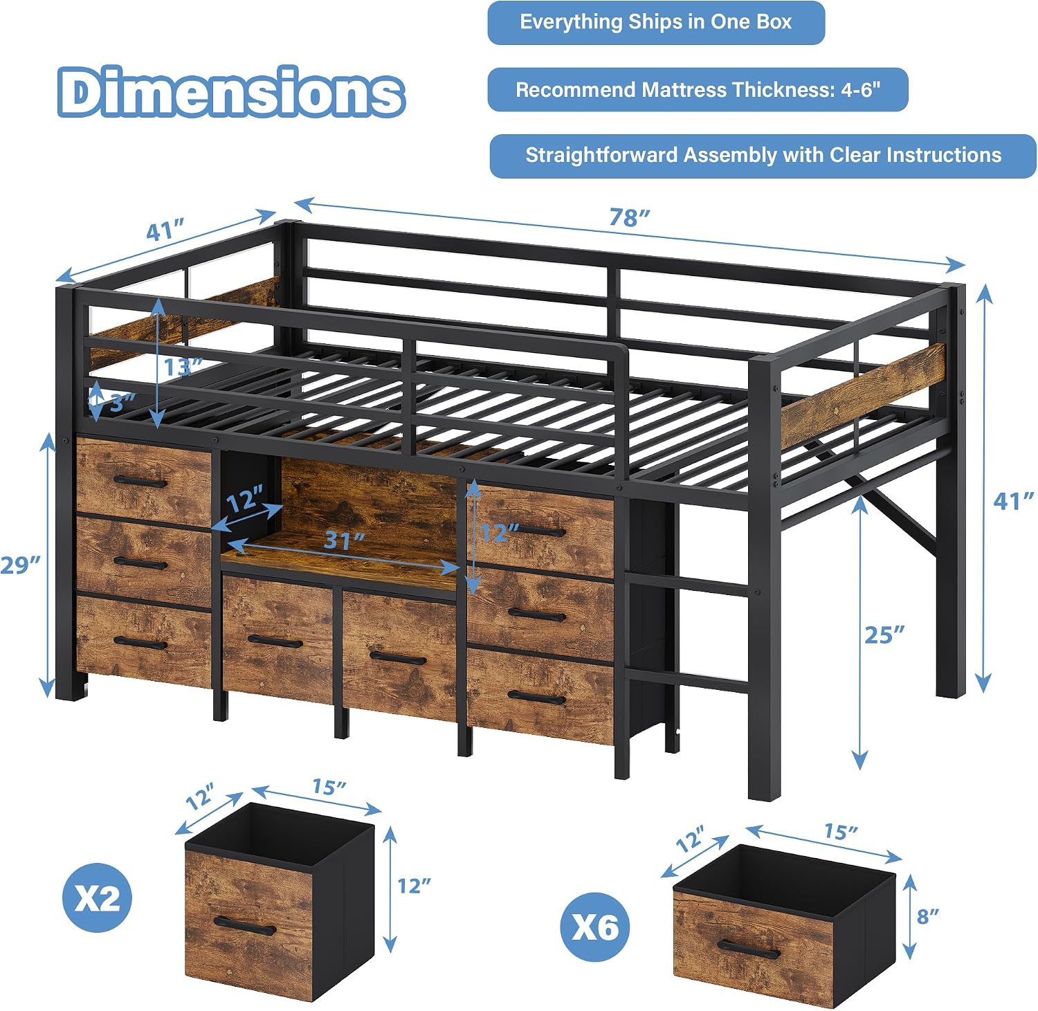 Detailed diagram showing the dimensions of the Einhomn Twin Low Loft Bed, including length, width, height, and specific measurements for the drawers and bookshelf.