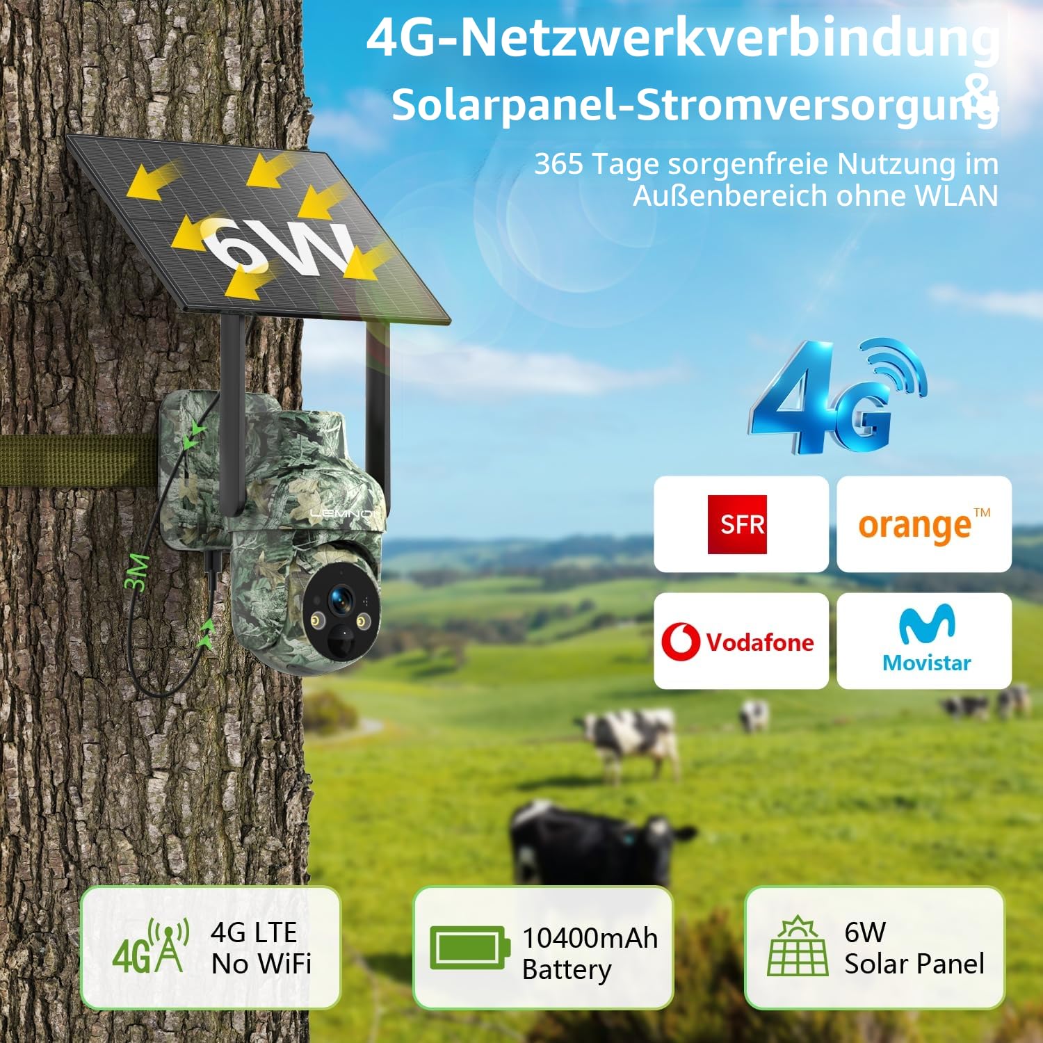 Lemnoi 4G Solar Wildkamera mit SIM Karte, 2K-Auflösung, IP66 Wasserdicht