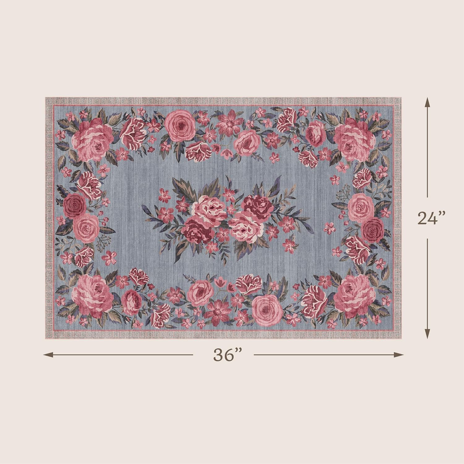 Washable Non Slip 2x3 Small Entryway Rug, Dusty Blue Pink Spring Kitchen Rugs - Rose Floral Border Entry Indoor Door Mat, Stain Resistant Low Pile Vintage Farmhouse Throw Carpet for Bathroom Bedroom
