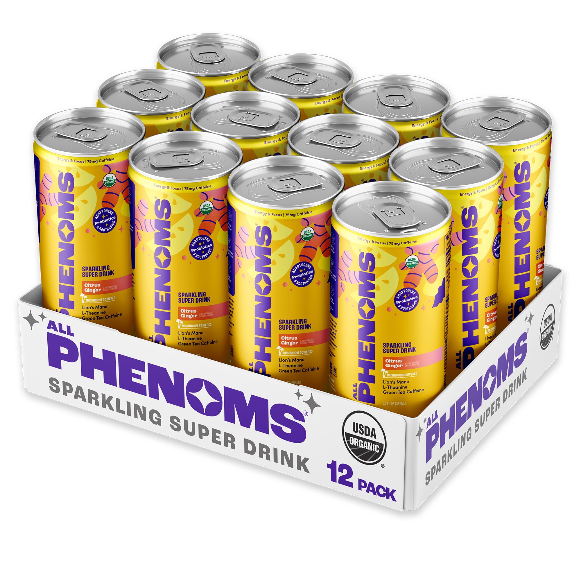 All Phenoms Energy & Focus Sparkling Organic Prebiotic & Probiotic Drink - Mushroom Blend (320mg Lions Mane), 75mg Green Tea Caffeine, 75mg L-Theanine, B12 - Citrus Ginger, (No Stevia) 12 Pack Energy & Focus - Citrus Ginger 12 Fl Oz (Pack of 12)