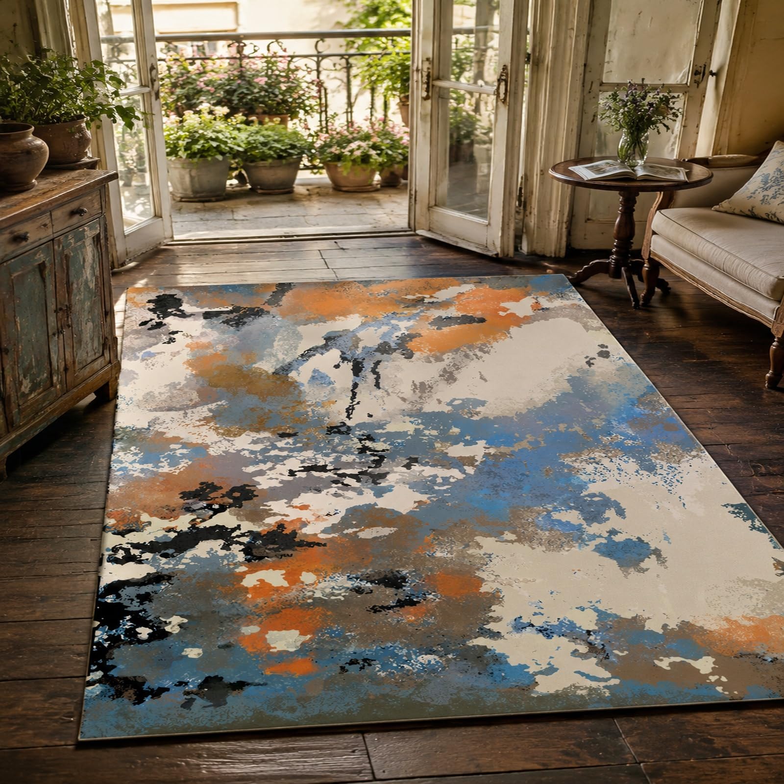 Grand tapis de salon moderne 200x300 rectangulaire et moquette de chambre adulte bleu orange