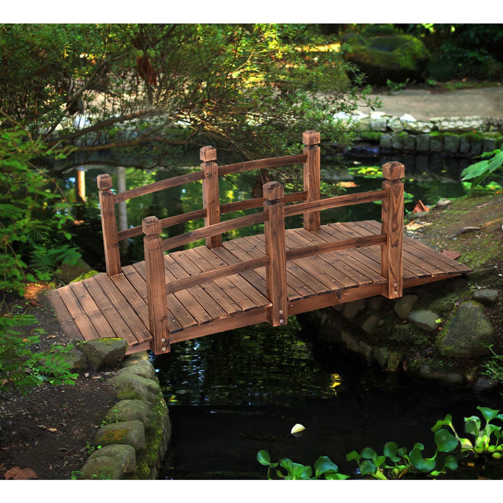 COSTWAY Puente de Jardín Madera para Estanque Jardín Hogar Decorativo con Barandilla 150x67x55 cm (Marrón)