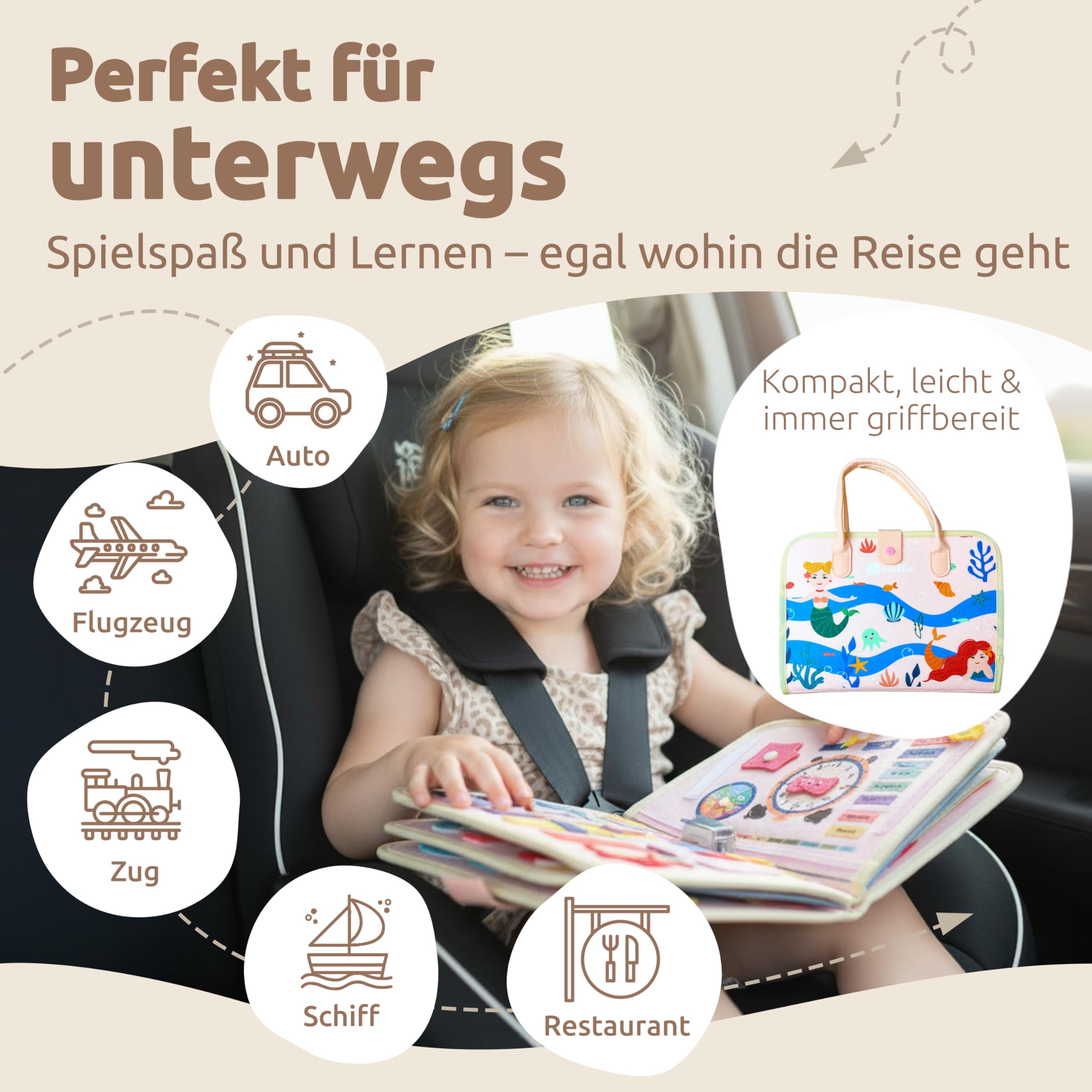 Mallie® Montessori Busy Board ab 1 2 3 4 Jahren inkl. Gratis Mal & Rätsel 48-Seiten Heft mit Rollenspiel-Set & Fingerpuppen Lernbuch - Feinmotorik & Konzentration Quiet Book, Activity Board Quiet Book