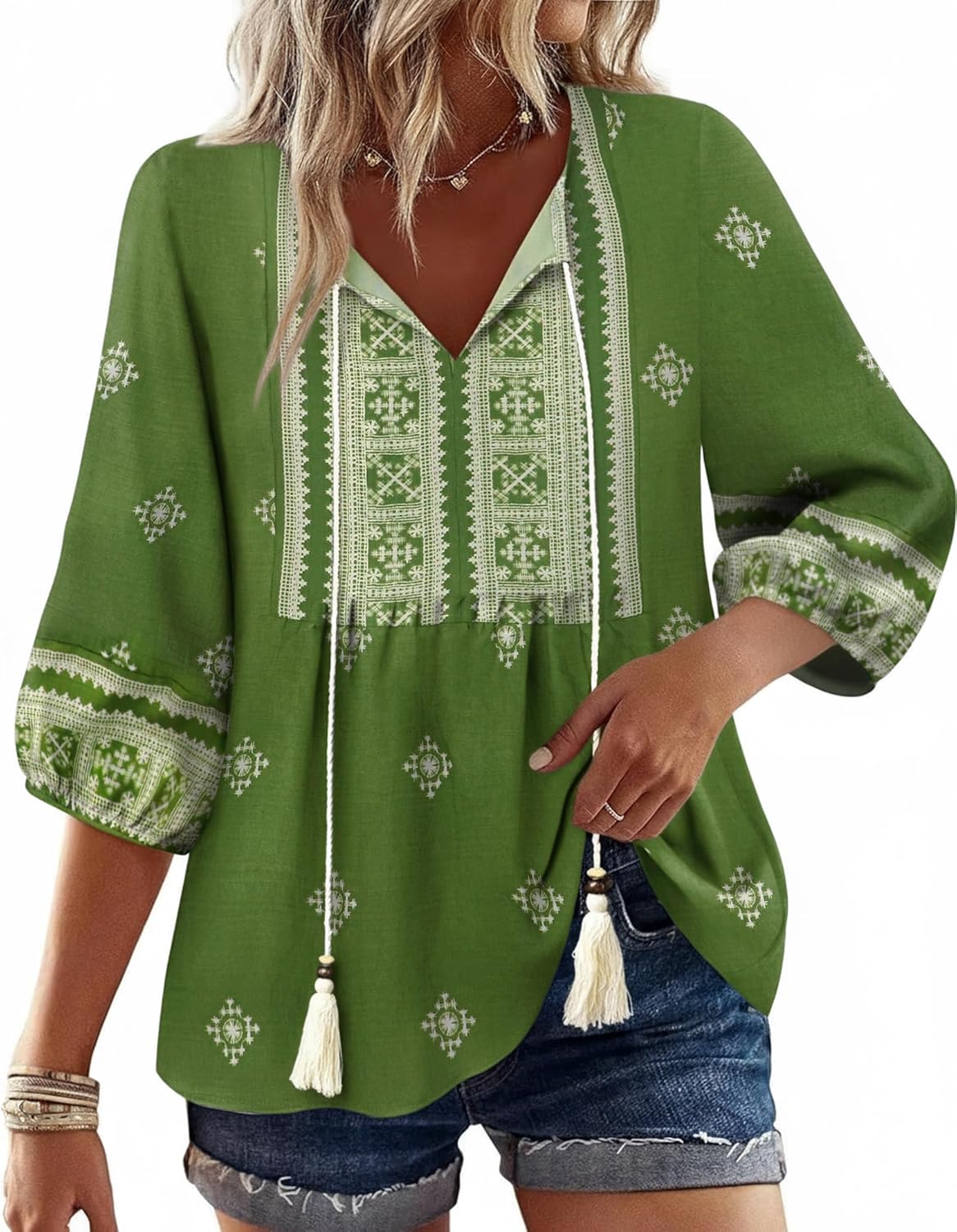 Boho Tops for Women Floral Print 3/4 Sleeve V Neck Blouse Pleated Flowy Vacation Casual Summer Tunic Blouses