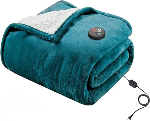 GOTCOZY Heated Blanket Electric Throw 50''X60''- Electric Throw Blanket with One Touch Button 10 Heating Level & 9 Time Settings Heating Blanket, Machine Washable (Blue)