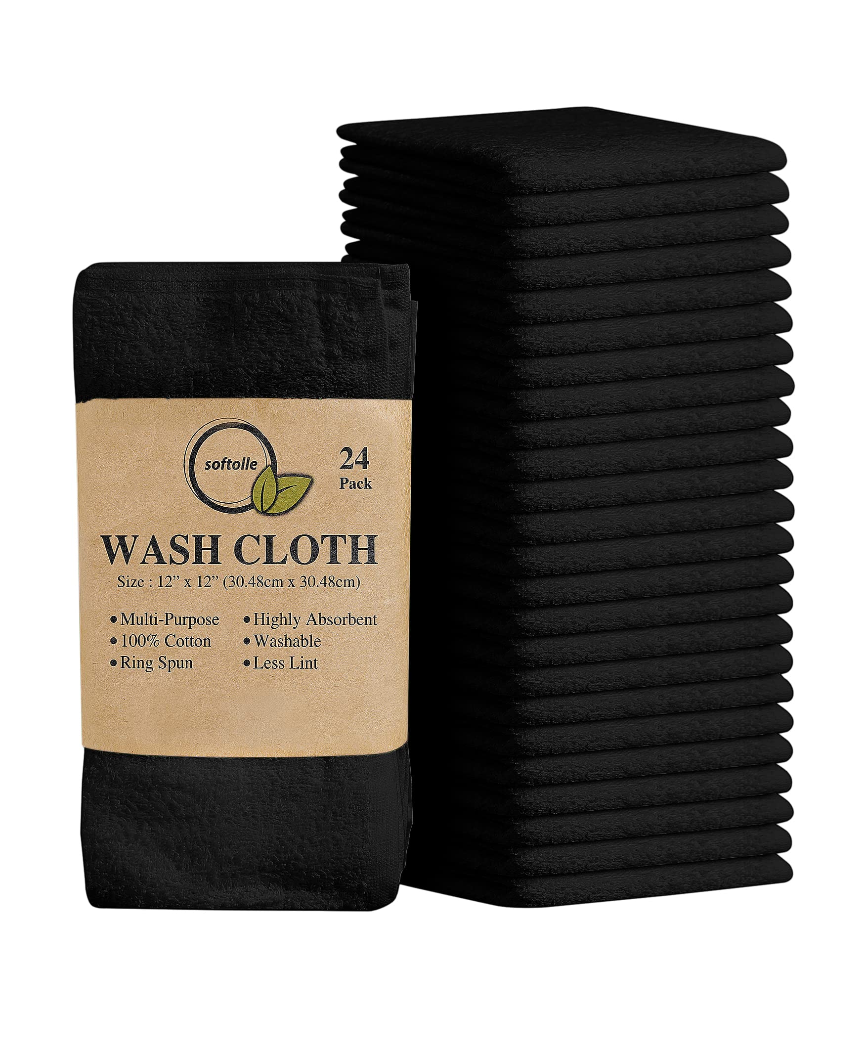 Softolle 100% Cotton Washcloths 24 Pack (12x12 Inches) Soft, Highly Absorbent Washcloth, Face Towels, Wash Cloths for Face, Ring Spun, Bulk Pack (