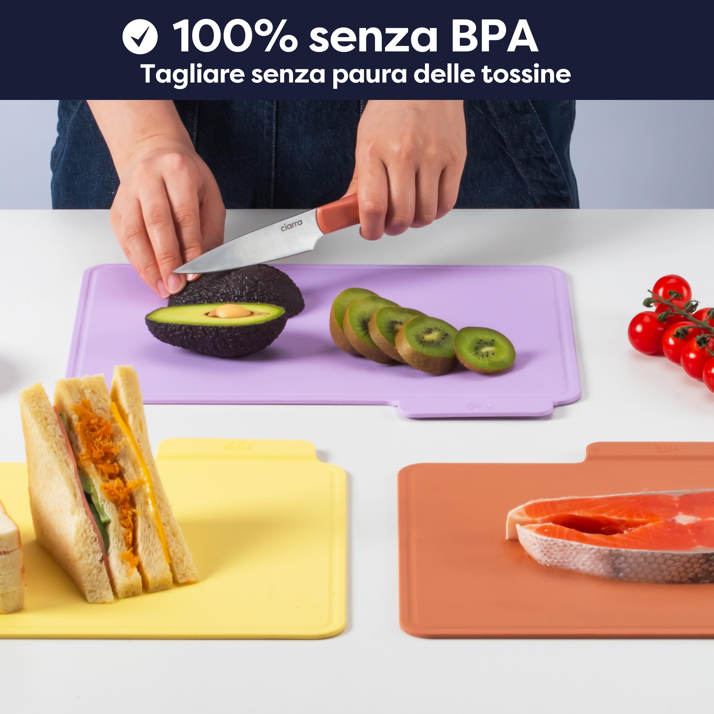 Ciarra Set di 3 Taglieri Cucina in Plastica Flessibili in TPU con Scanalatura, Antibatterici, Senza BPA, Superficie Antiscivolo, Lavabili in Lavastoviglie