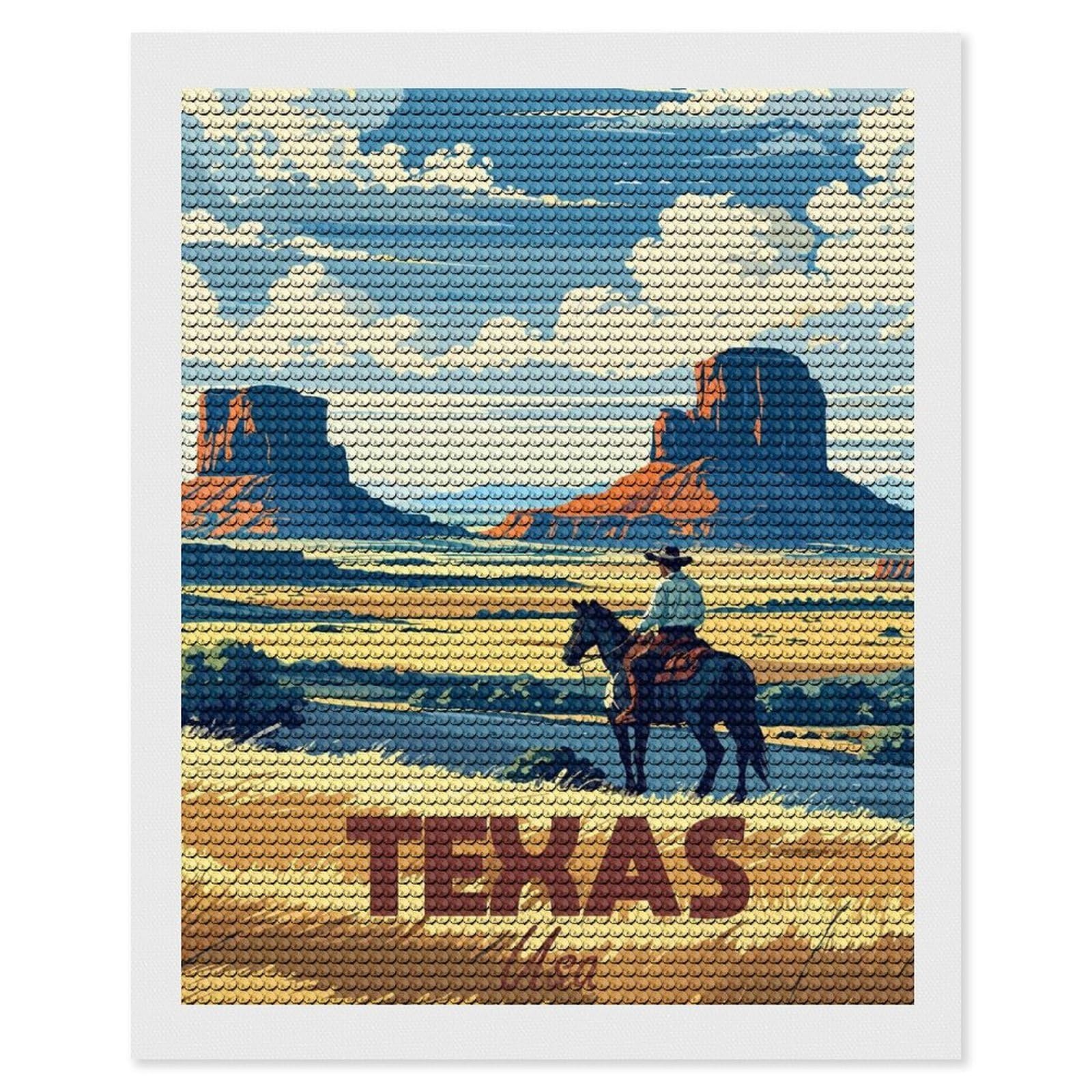 Junmoney Texas USA Cowboy Landscape Illustration Diamond Painting Set 16"x20", Sparkling Round Gems, Decorate Your Room, Fun Craft Experience, Modern Decor