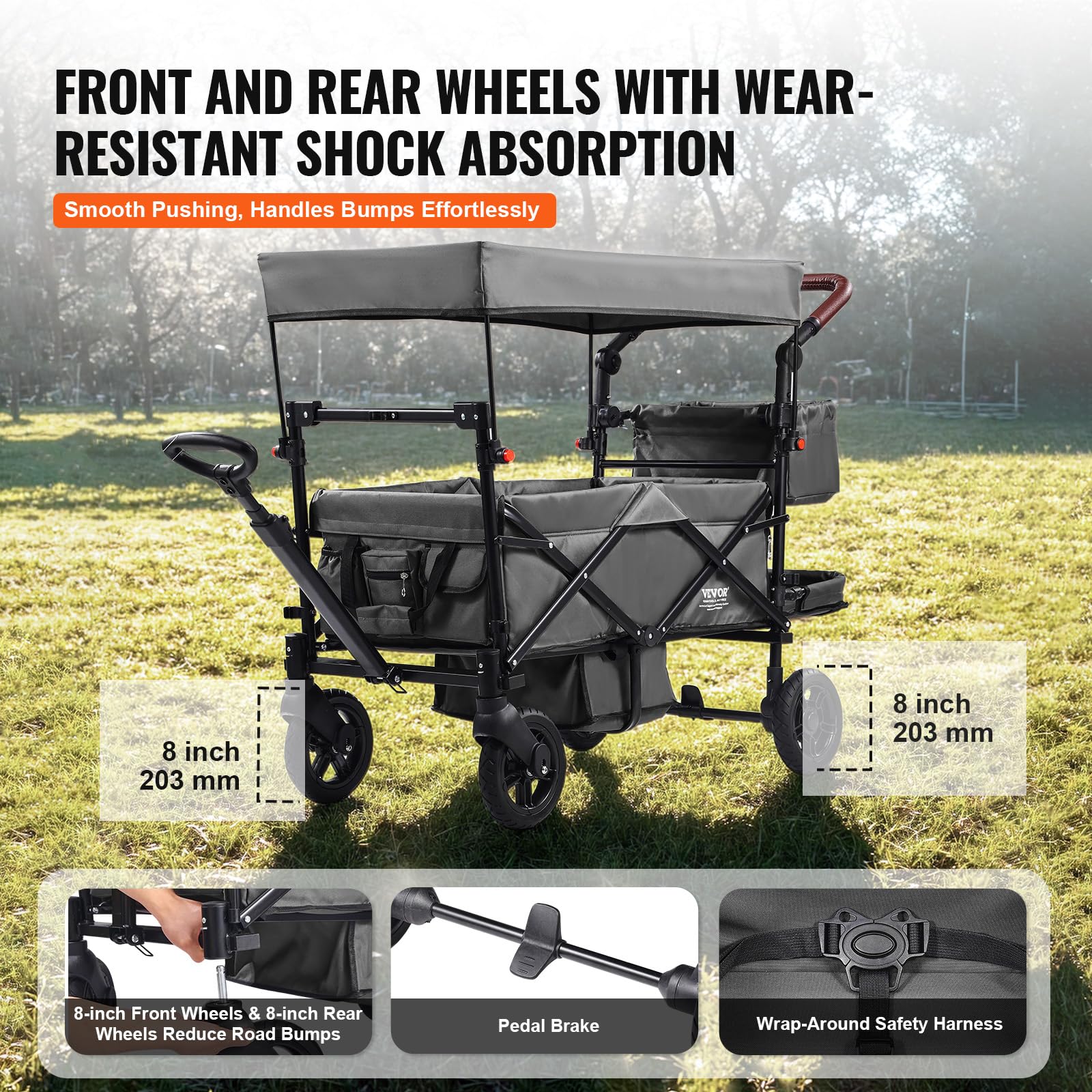 VEVOR Passeggino Wagon per 2 Bambini, Passeggino Pieghevole con Maniglia Regolabile, Tettuccio Rimovibile, Lmbracatura Circolare, 4 Ruote Freni Passeggino Portatile Multifunzione Campeggio, Grigio