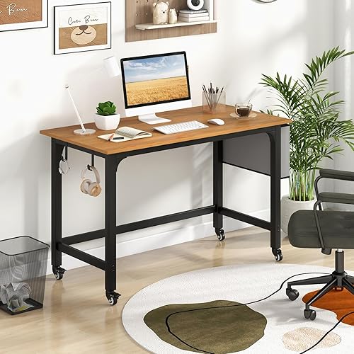 Miniatura 2 de COSTWAY Escritorio móvil para computadora de 48 pulgadas, escritorio de oficina en casa con ruedas, mesa de escritura de estudio simple con 4 ruedas