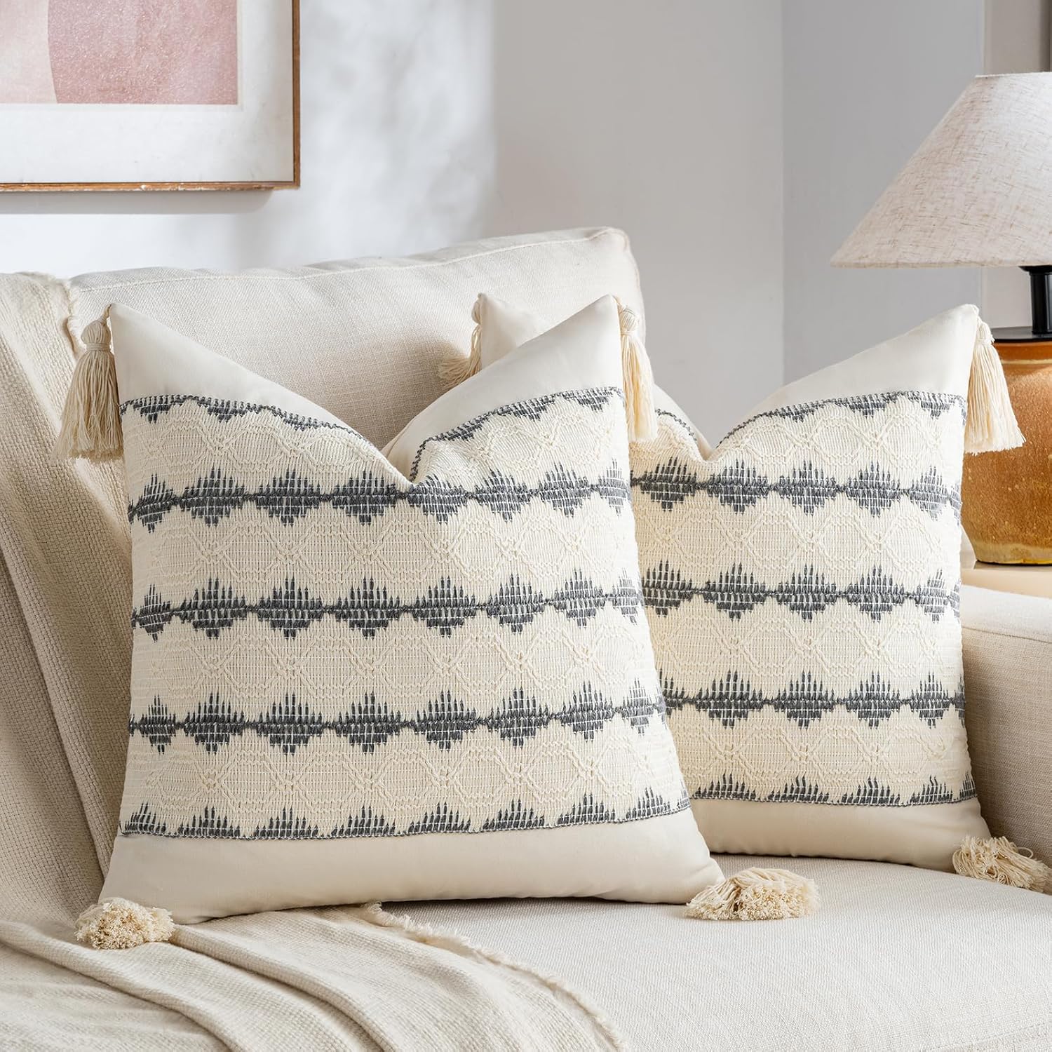 Fancy Homi 2-Pack Neutral Grey 18x18 Farmhouse Throw Pillow Covers - Handmade Macrame Woven Tassel Cushion Cases for Boho Rustic Couch Bed Decor