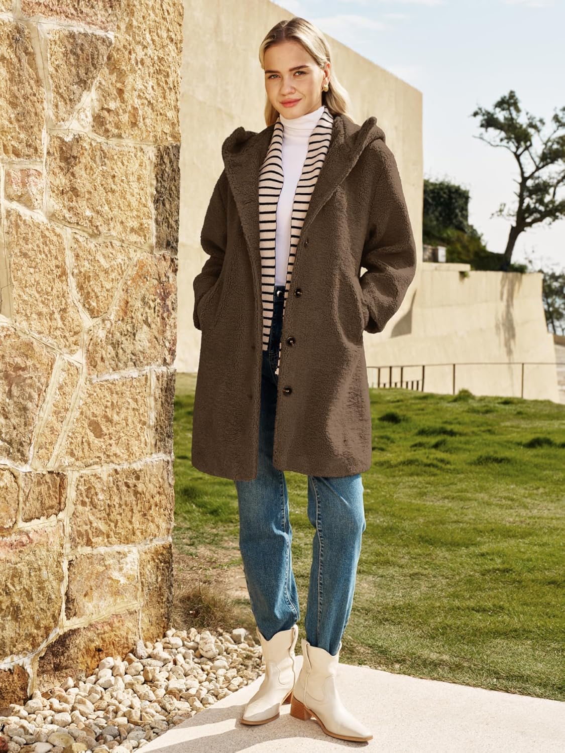 ELLEVEN Winter Faux Fur Pea Coat for Women,Sherpa Wool Fuzzy Fleece Long Warm Teddy Coats Jacket with Hoodie - Image 5