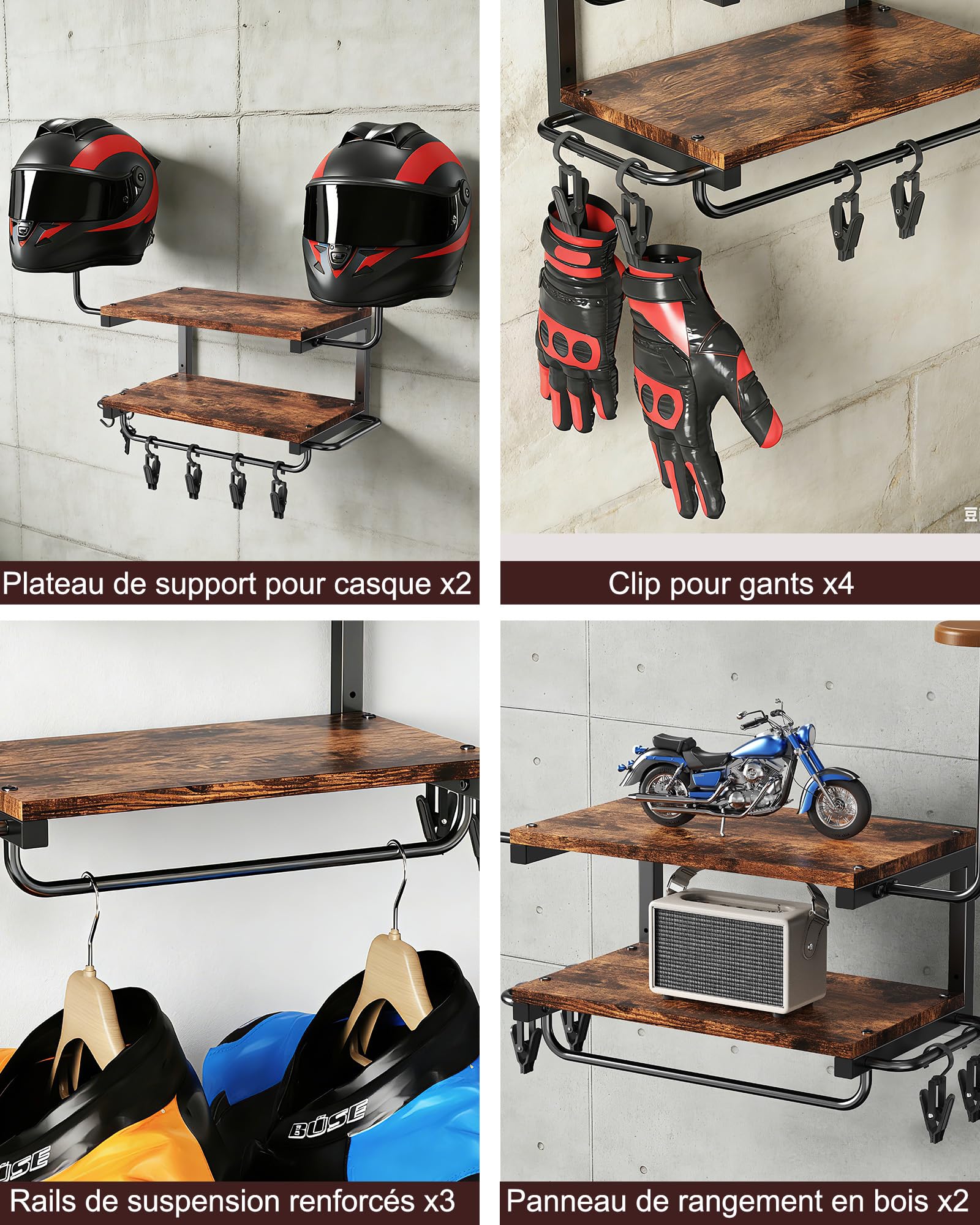 Support Casque Moto pour Accrocher Casquettes et Vestes, Marron