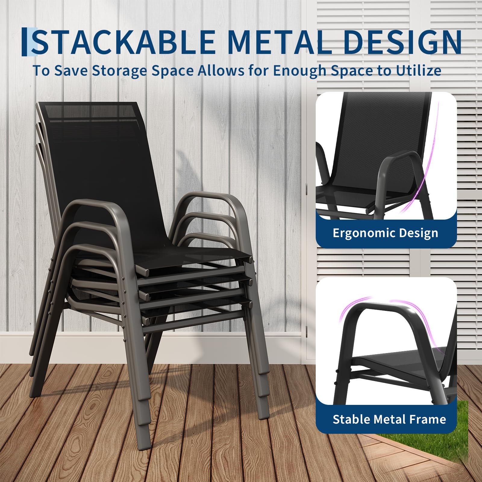 GarveeHome Gartenstühle 4er Set – Stapelbare Textilene Gartenstühle aus Metall, Outdoor Stühle Set wetterfest & rostbeständig, Terrassenstühle 4er Set für Garten, Balkon & Terrasse