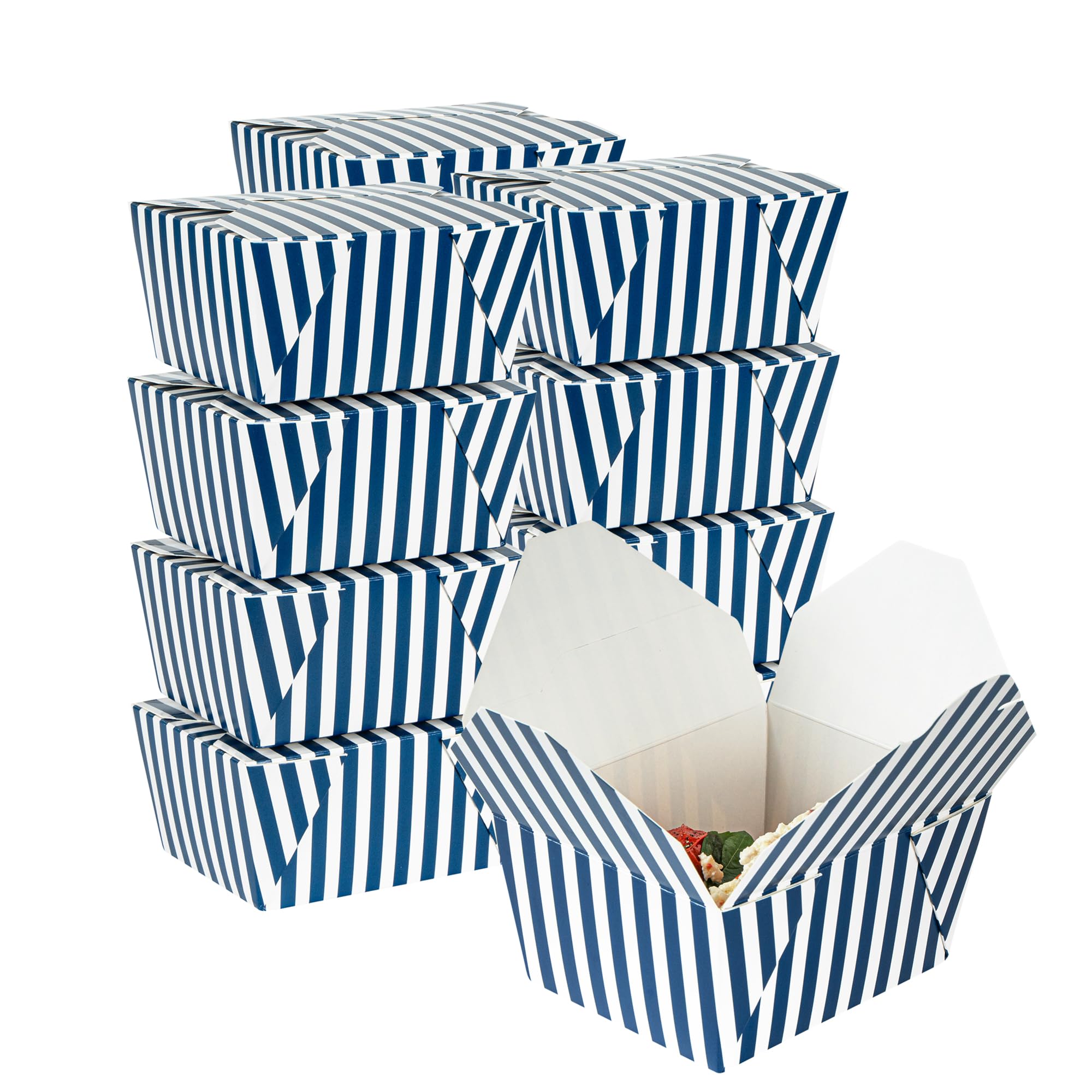 Restaurantware Bio Tek 5.1 x 4.1 x 2.6 Inch Food Containers, 50 Durable Takeaway Boxes - Disposable, Striped, Blue And White Paper 30 Ounce Takeout Boxes, Rectangle, For Takeouts And Delivery