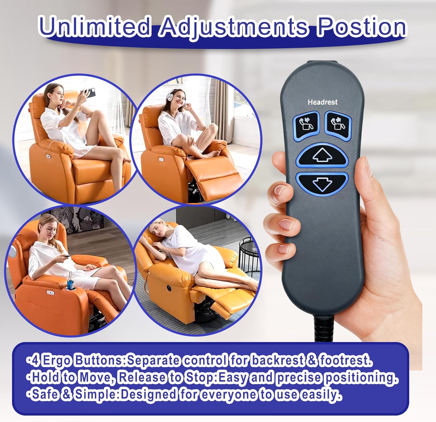 Lift Chair Remote Replacement, 4-Button Dual Motor Remote for Lift Chair & Recliner Replacement Parts, LED Backlight, USB Charging Port Adapter, Recliner Hand Control, Universal 5-Pin Plug