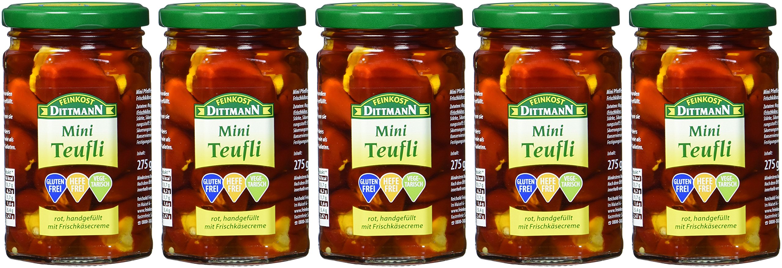 Feinkost Dittmann Mini Teufli - Pfefferonen rot gefüllt mit einer Frischkäsezubereitung Glas, 5er Pack (5 x 275 g)