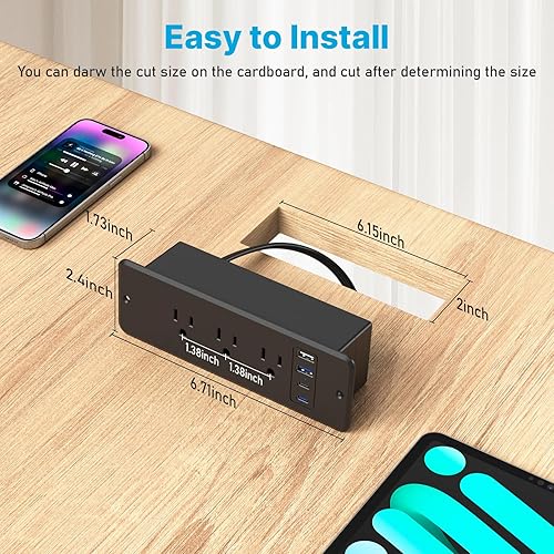 Miniatura 6 de CCCEI Regleta de alimentación empotrada de doble cara con 6 salidas con puertos USB C, montaje empotrado para muebles, debajo del escritorio,