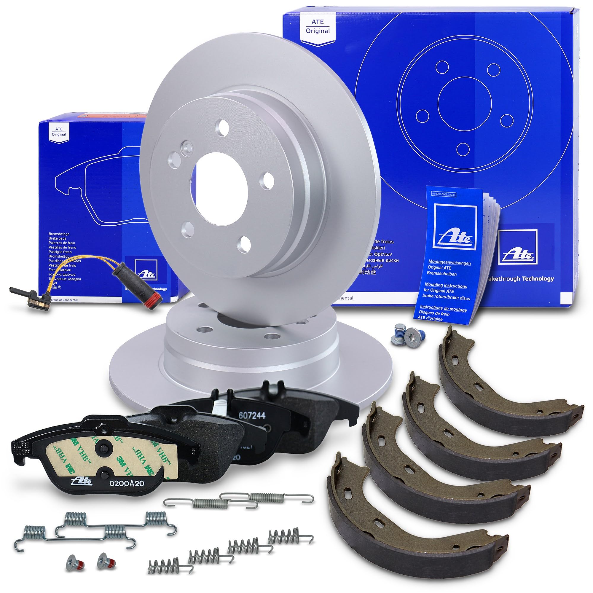 ATE Bremsenset Hinterachse inkl. Bremsscheiben hinten Ø278mm voll und Bremsbeläge hinten mit Warnkontak + Backensatz Kompatibel mit MERCEDES-BENZ C-Klasse (W204), C-Klasse T-Model (S204)