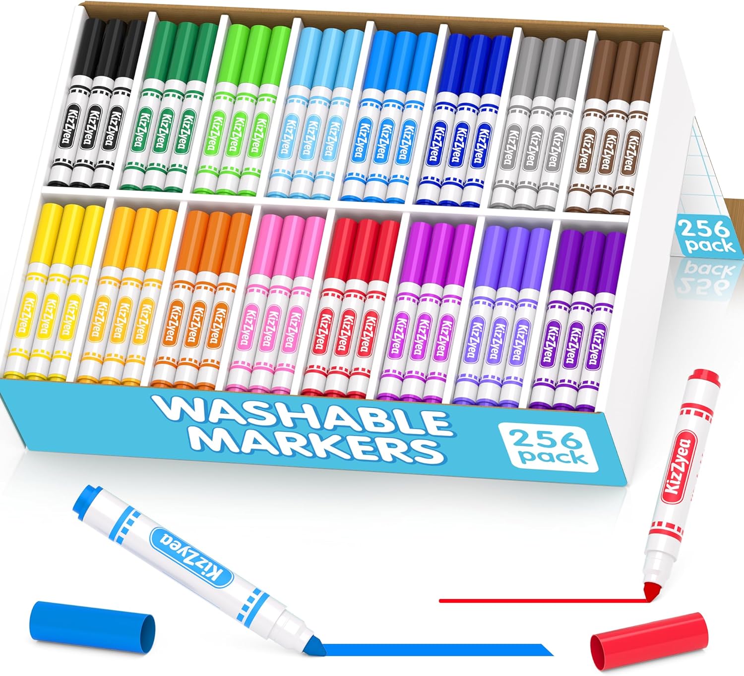 KIZZYEA Washable Markers Bulk, Markers for Kids, 16 Assorted Colors, 256 Count, Broad Line Coloring Marker for School, Student Art Supplies & Back to School Craft, Classroom Essentials for Teachers