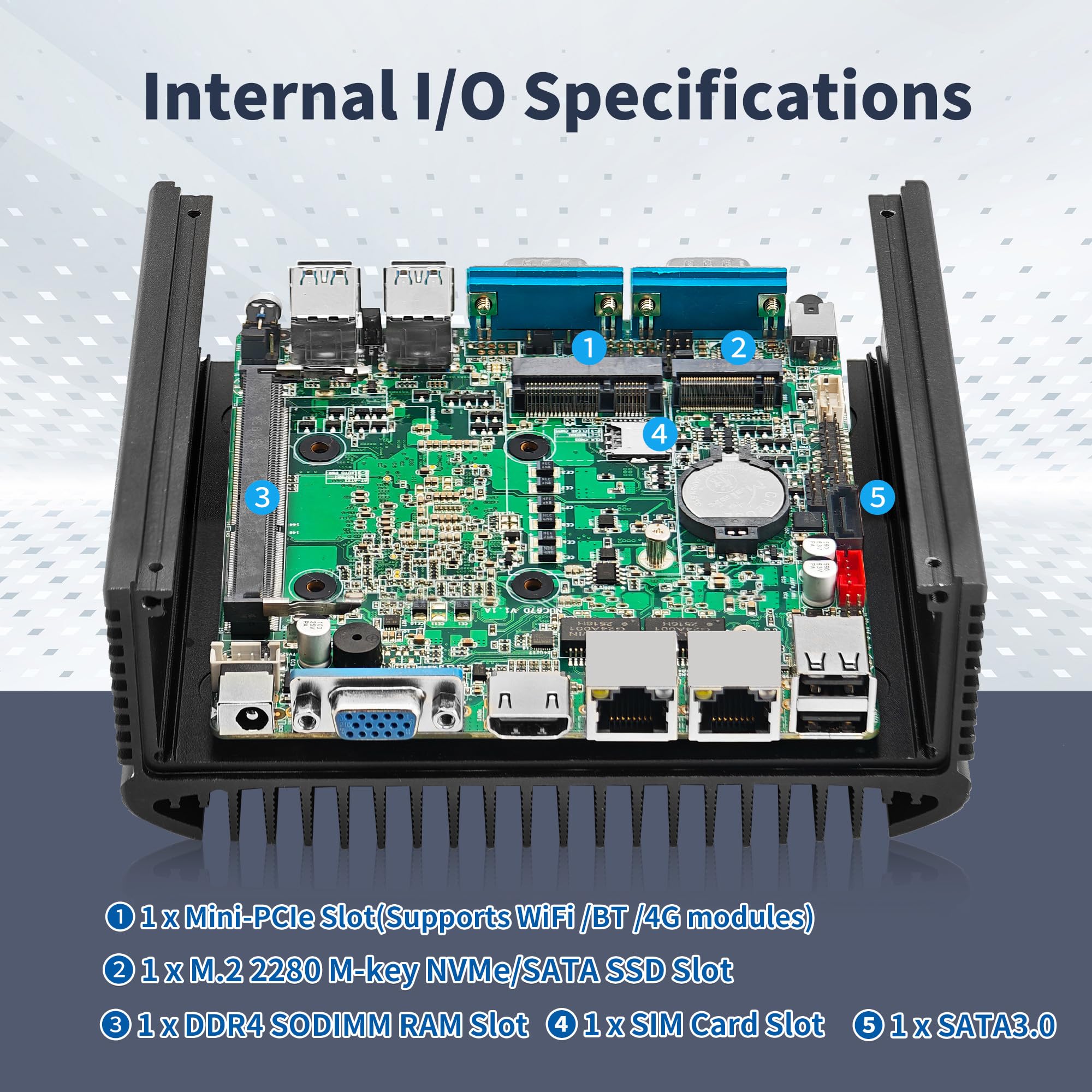 CWWK Mini PC Fanless Industrial i5-8250U 4C/8T, 2X RS232/RS485 COM, 2 x Gigabit LAN, Micro Embedded Computer Box, DDR4 8GB RAM 256GB NVMe SSD, SIM, SATA, mPCIe, HD, VGA, 6USB