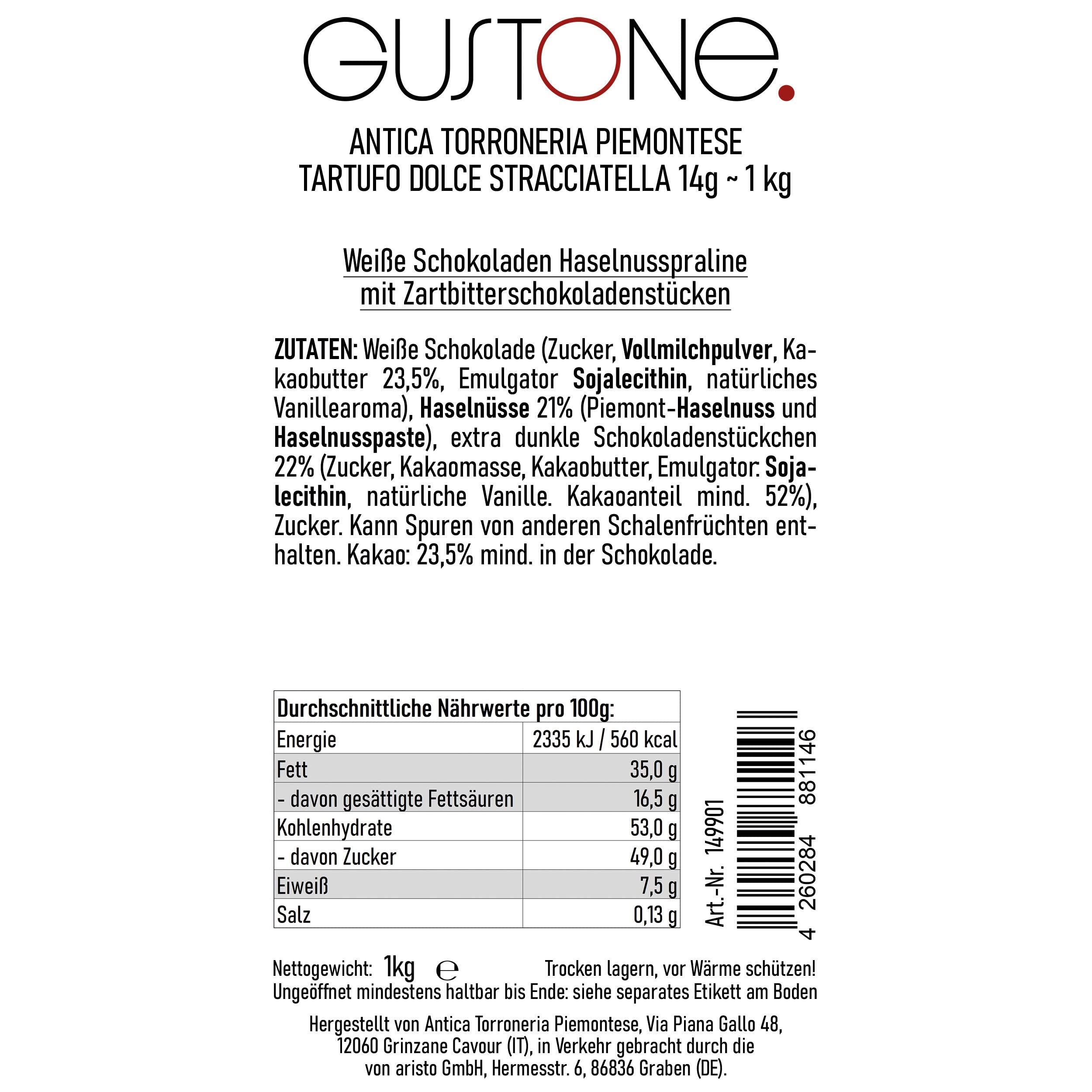 GUSTONE. Tartufi Dolci Stracciatella Antica Torroneria Piemontese 70 Stück je 14g Trüffel-Praline weißer Schokolade 1kg Großpackung