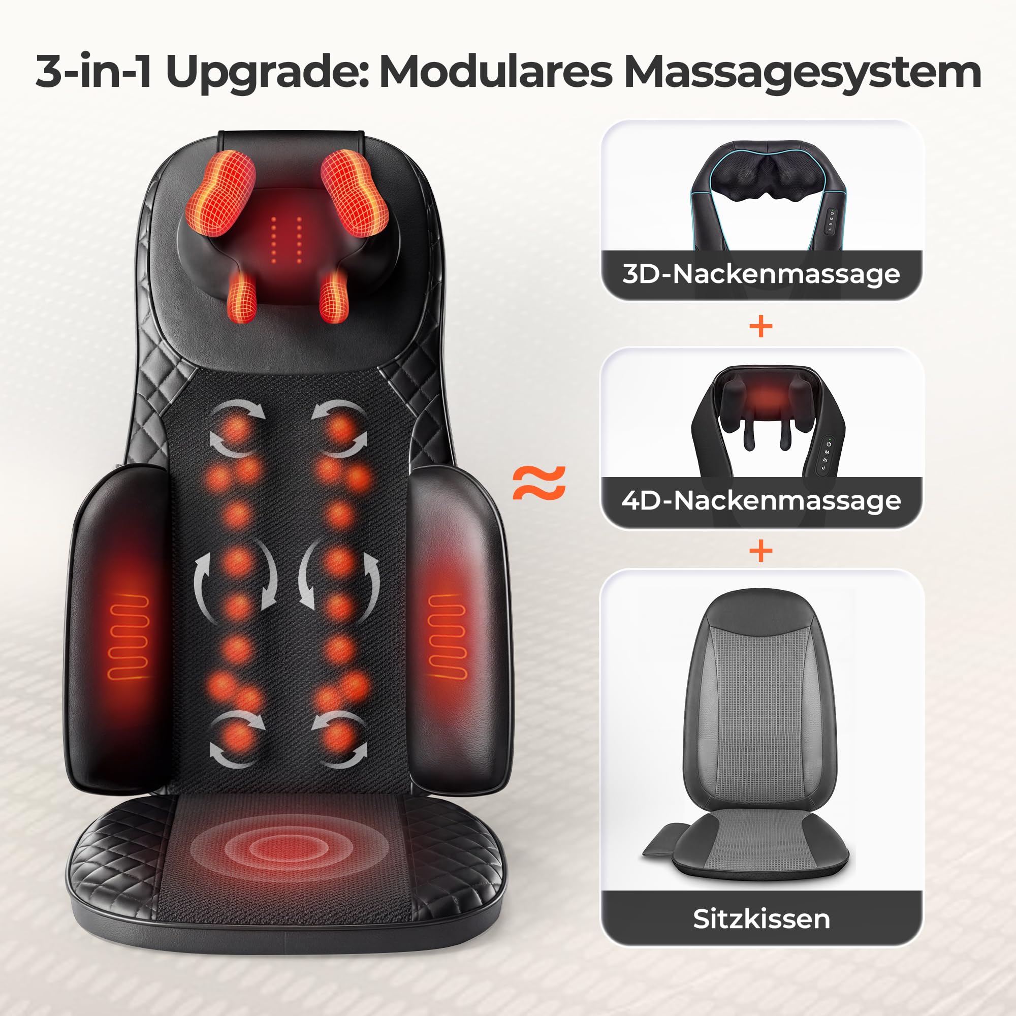 Shiatsu Massagesitzauflage, Massagegerät Rücken mit Knetmassage, Rollmassage & Vibration, Rückenmassagegerät mit Wärme mit 2 Nacken-Wechselköpfen für Nacken Schulter Rücken und Oberschenkel