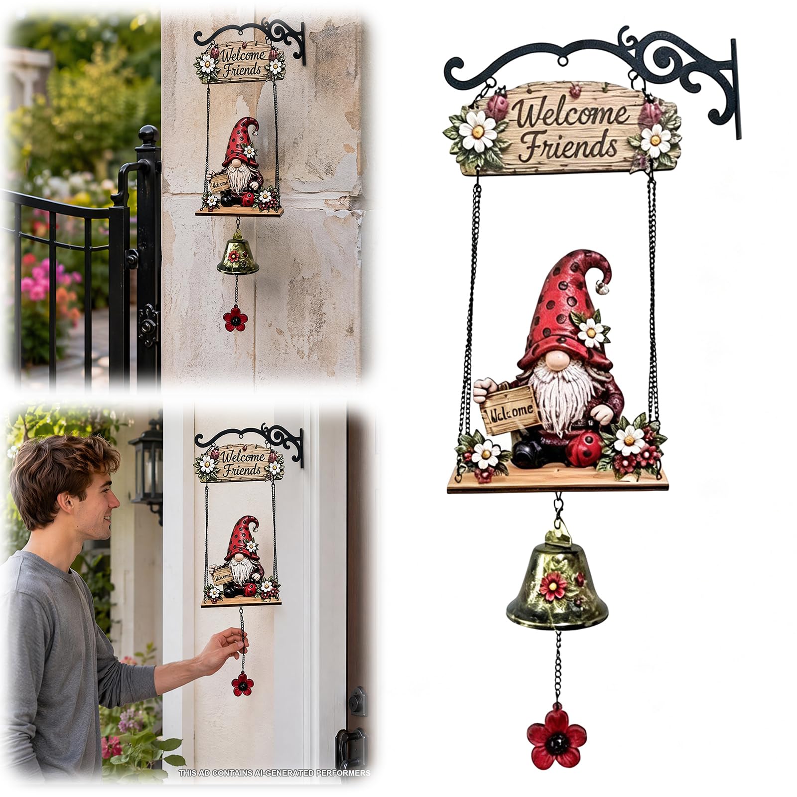 Rustic Garden Gnome Bell, Handmade Bee Sunflower Gnome Welcome Bell, Wall Mounted Hanging Doorbell for Farmhouse, Funny Decorative Bells for Front Porche Garden Fences