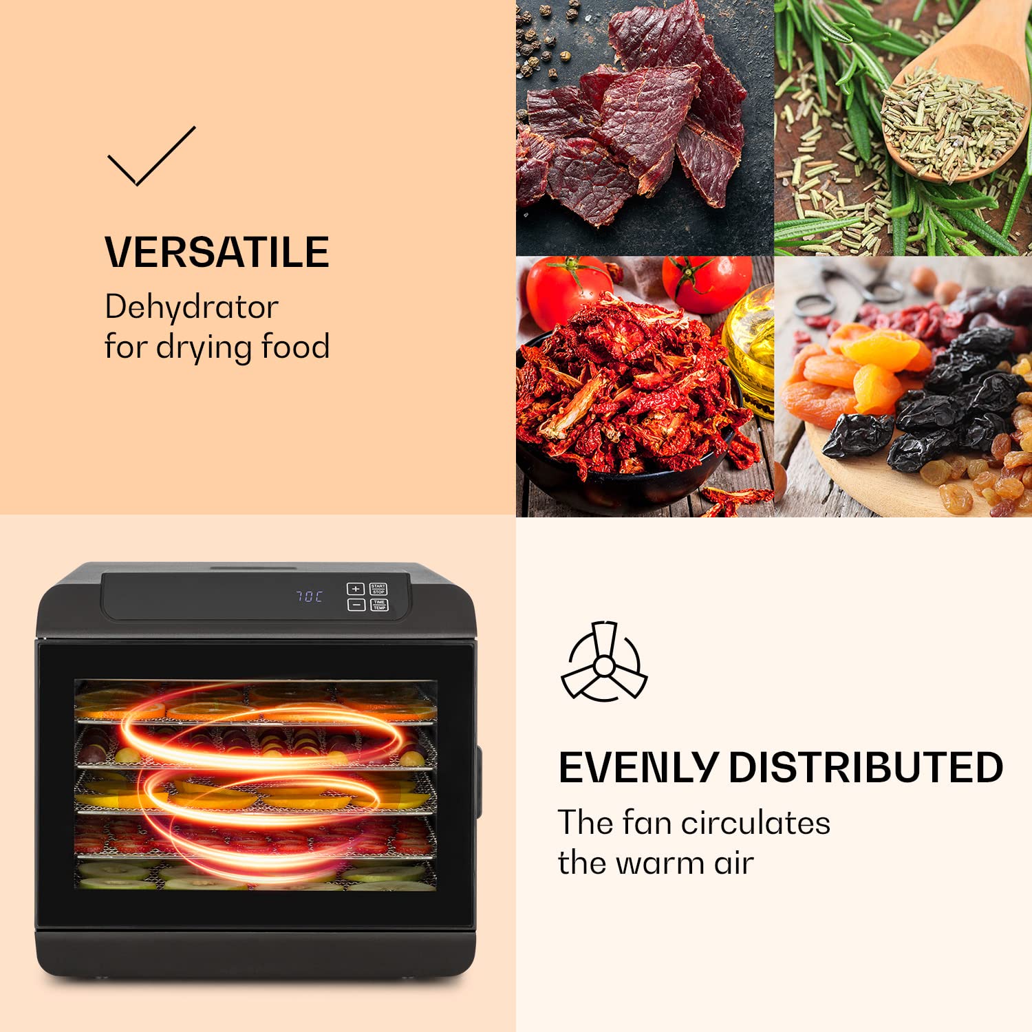 Klarstein Arizona Jerky - Deshidratadora de alimentos, Potencia 500 W, Temperatura regulable 35-70°C, 6 baldas lavables en lavavajillas, Períodos cortos de secado, Pantalla táctil digital, Antracita