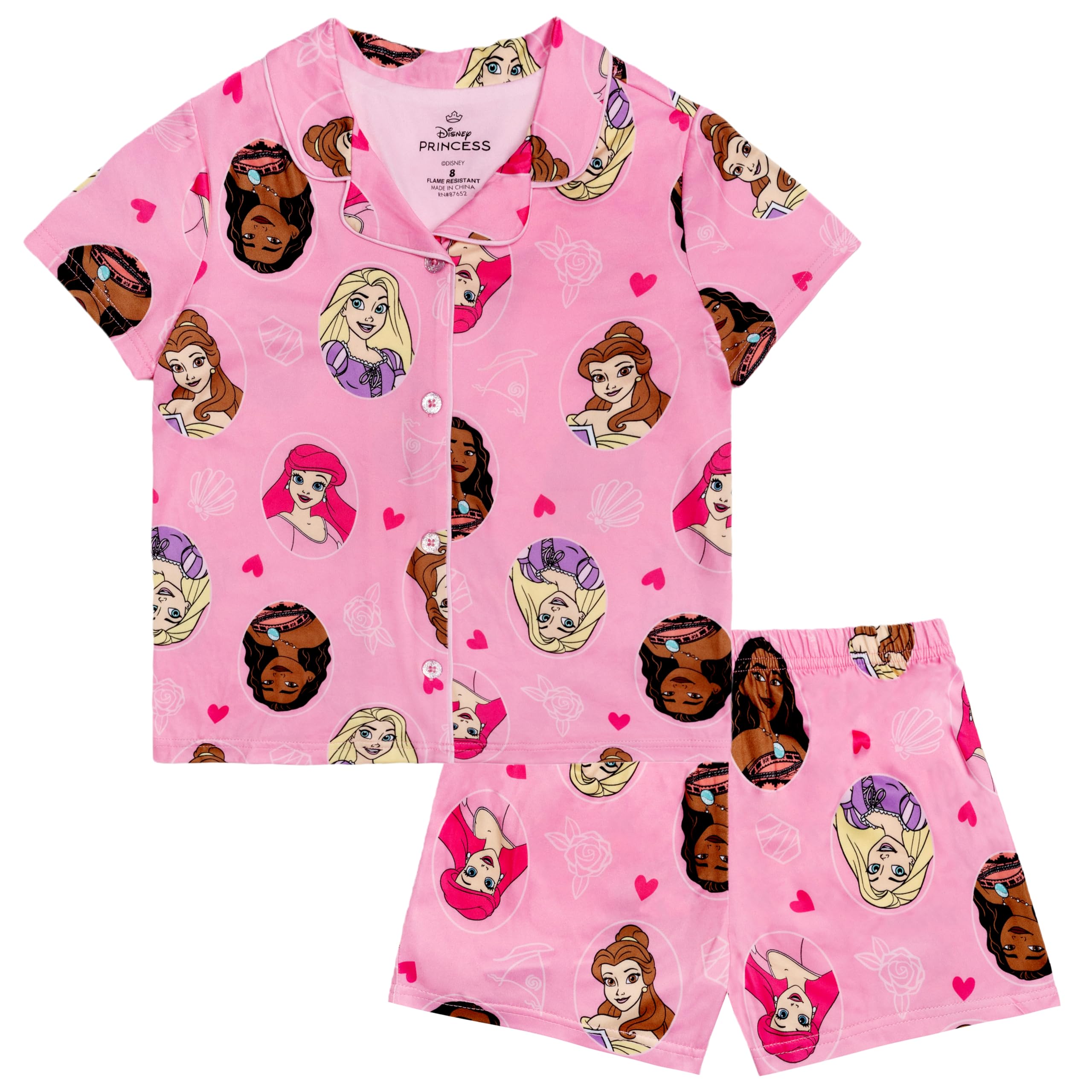 Disney Girls' 2-piece Loose-fit Button Down Matching Pajama Set, Soft & Cute for Kids 6 Princess Portrait