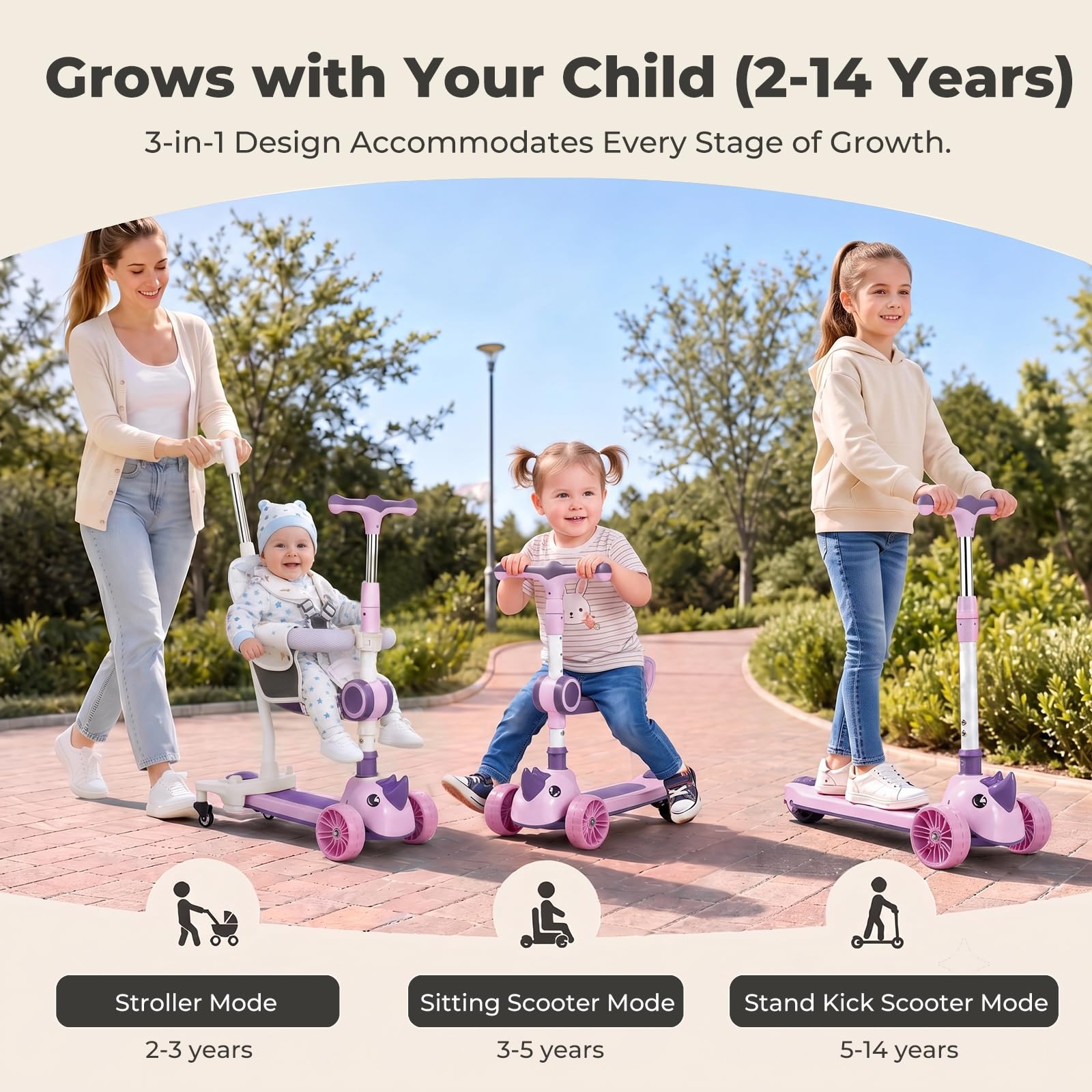 Patinete infantil 3 en 1, patinete infantil con barra deslizante, con asiento extraíble y ruedas LED, altura regulable en 3 niveles, para niños de 1 a 8 años, hasta 50 kg