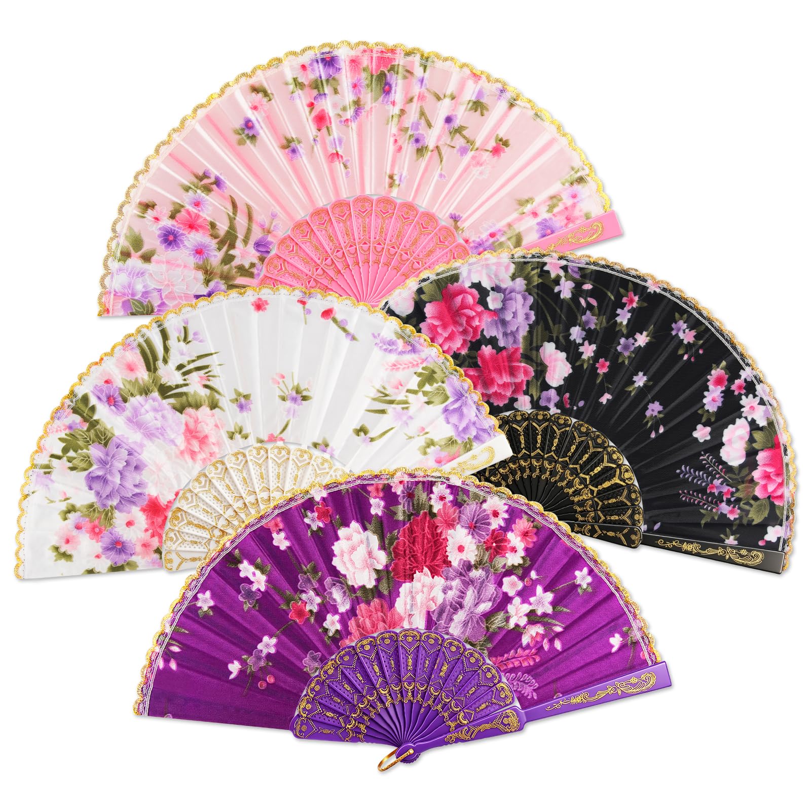 BQMEZRNUS 4 Pack Silk Fabric Hand Fans Chinese Folding Fan with Hollow Carved Design, Portable Handheld Fan for Wedding Decor, Gifts, Dance Performance & Home Decoration
