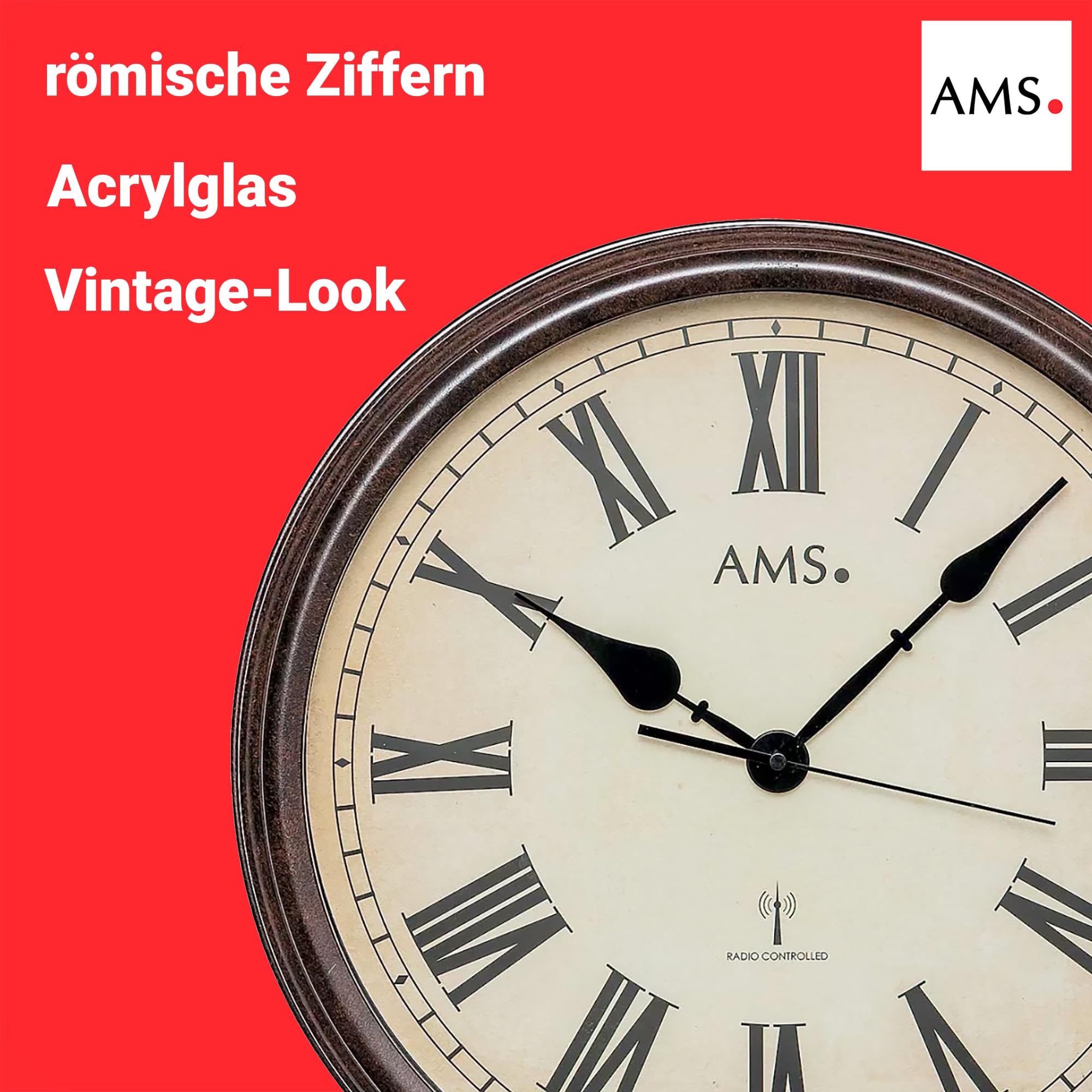 AMS 5977 Wanduhr 42 cm – geräuscharmes Funkwerk, Vintage Retro Funkwanduhr mit römischen Ziffern, analoge Funkuhr aus Acrylglas, große Wanduhr für Wohnzimmer, Küche, dekorative Uhr im Antik Design
