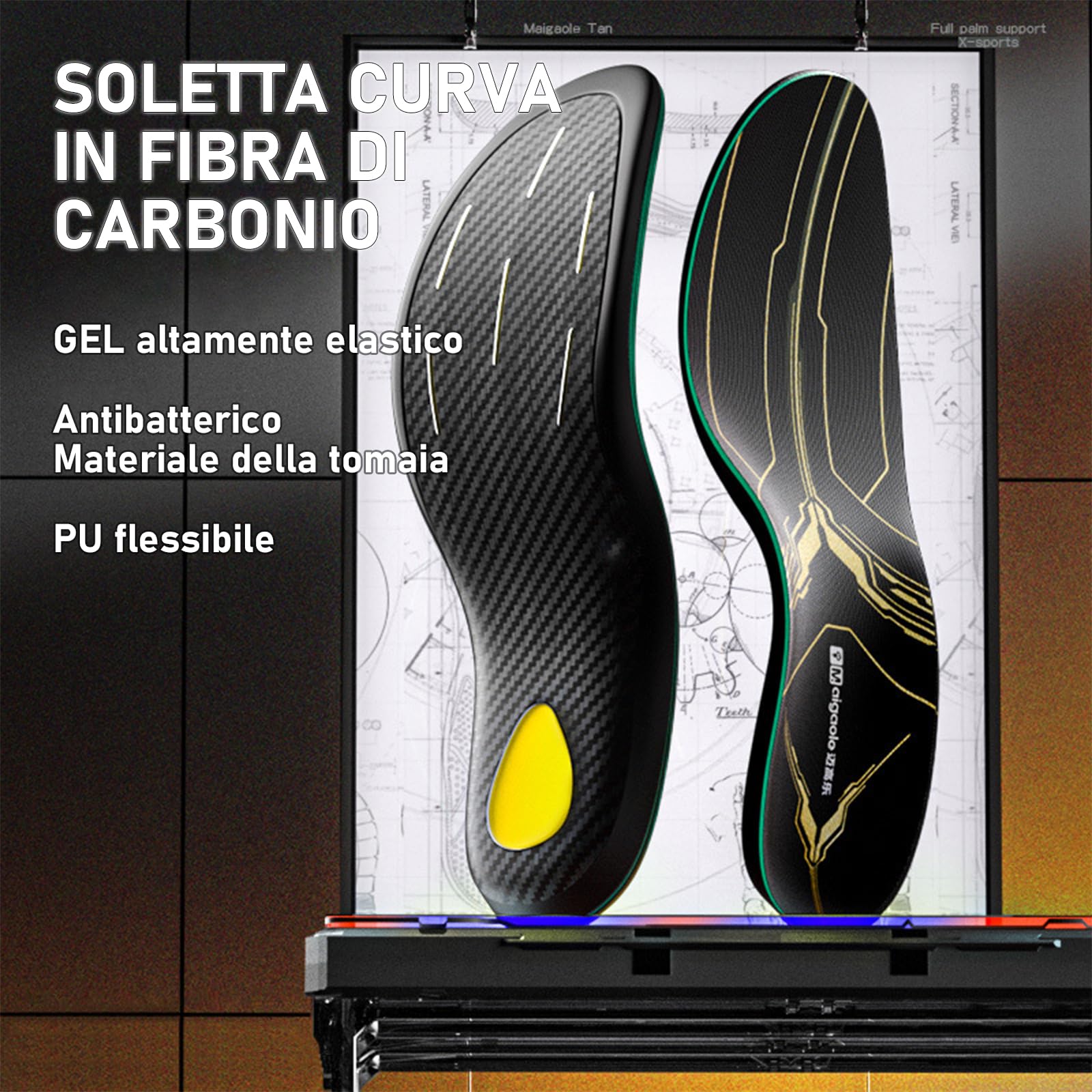 Solette in Fibra di Carbonio con Supporto Arco Plantare per Sport ad Alte Prestazioni – Ammortizzazione Migliorata, Prevenzione Infortuni & Miglioramento Prestazioni EU 45-46