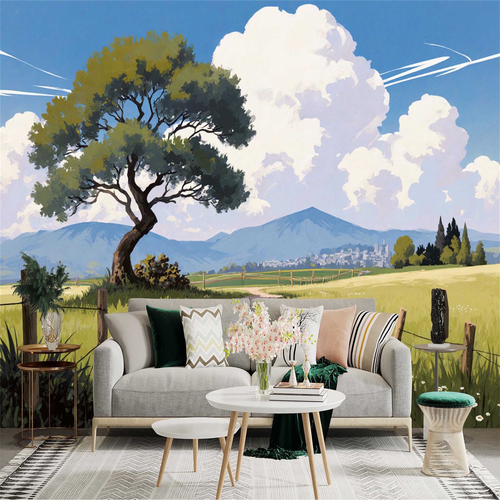Lnzczhyre Xc260505621 Custom Size Wall Sticker Mural， Scenic Countryside Landscape， Rolling Hills And Tree， Peaceful Meadow Path， Blue Sky With Clouds， For Wall Decoration， Peelandstick Wall Decals.