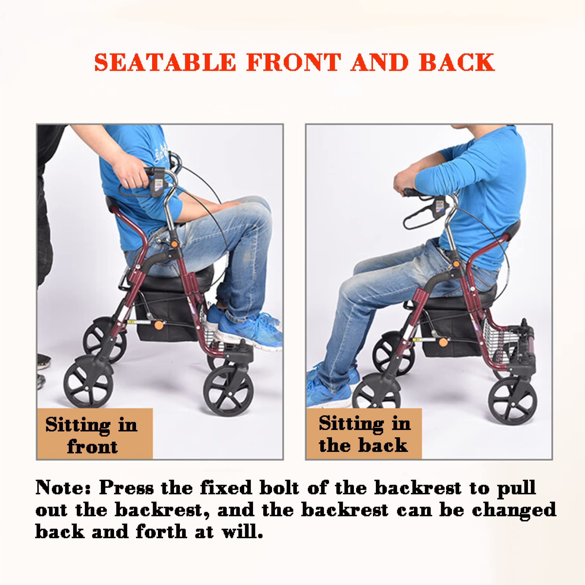 Silla de ruedas auxiliar - Silla de transporte auxiliar para ancianos 2 en 1 - andador plegable con asiento y rueda de 8 pulgadas - soporte de 100 kg /220 libras