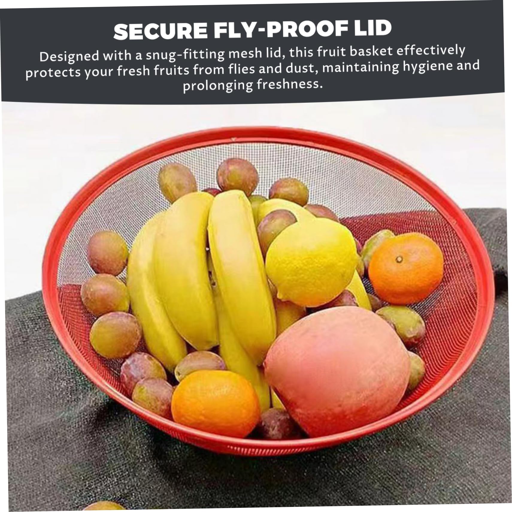 Ciotola per frutta, cesto per frutta in rete da 2 pezzi con coperchio Ciotola in metallo da 11 pollici con manico carino e contenitore coperto a prova di mosca con fondo rialzato per cucina, cestino