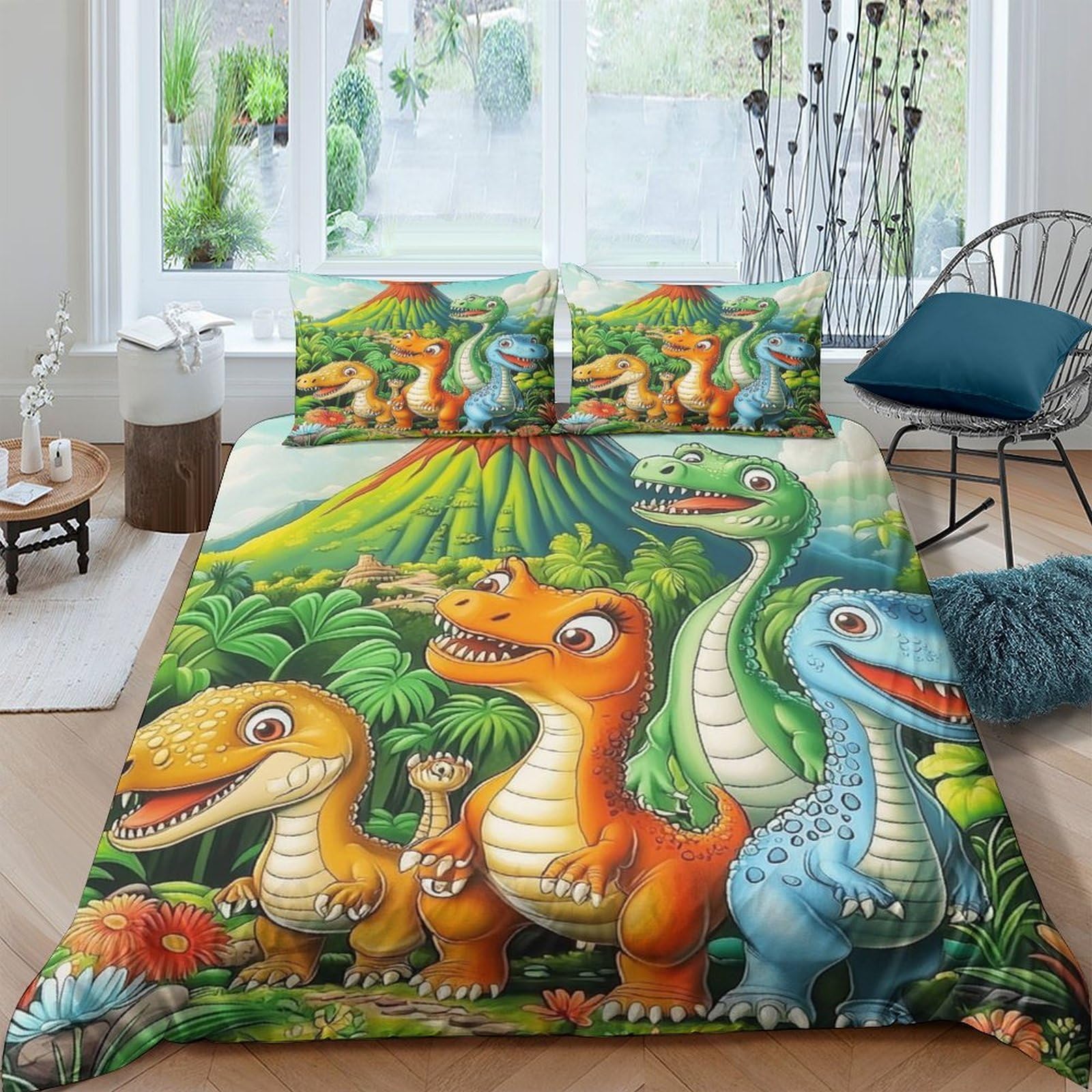 Ctjqhvkz Style-6 3D Printed Cartoon Dinosaur Fitted Sheet Microfiber Soft Colourful Volcano Bed Cover For Bedroom Guest Room Decor Single（135X200cm）