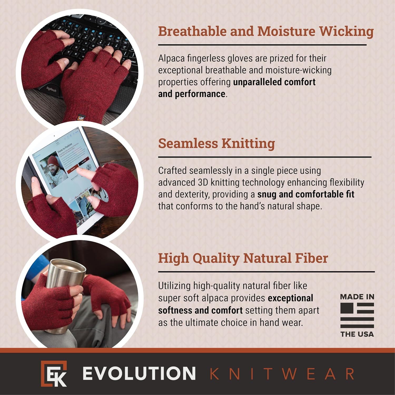 Evolution Knitwear Alpaca Knit Fingerless Gloves - Made in the USA - Super Soft Baby Alpaca - Large - Image 2