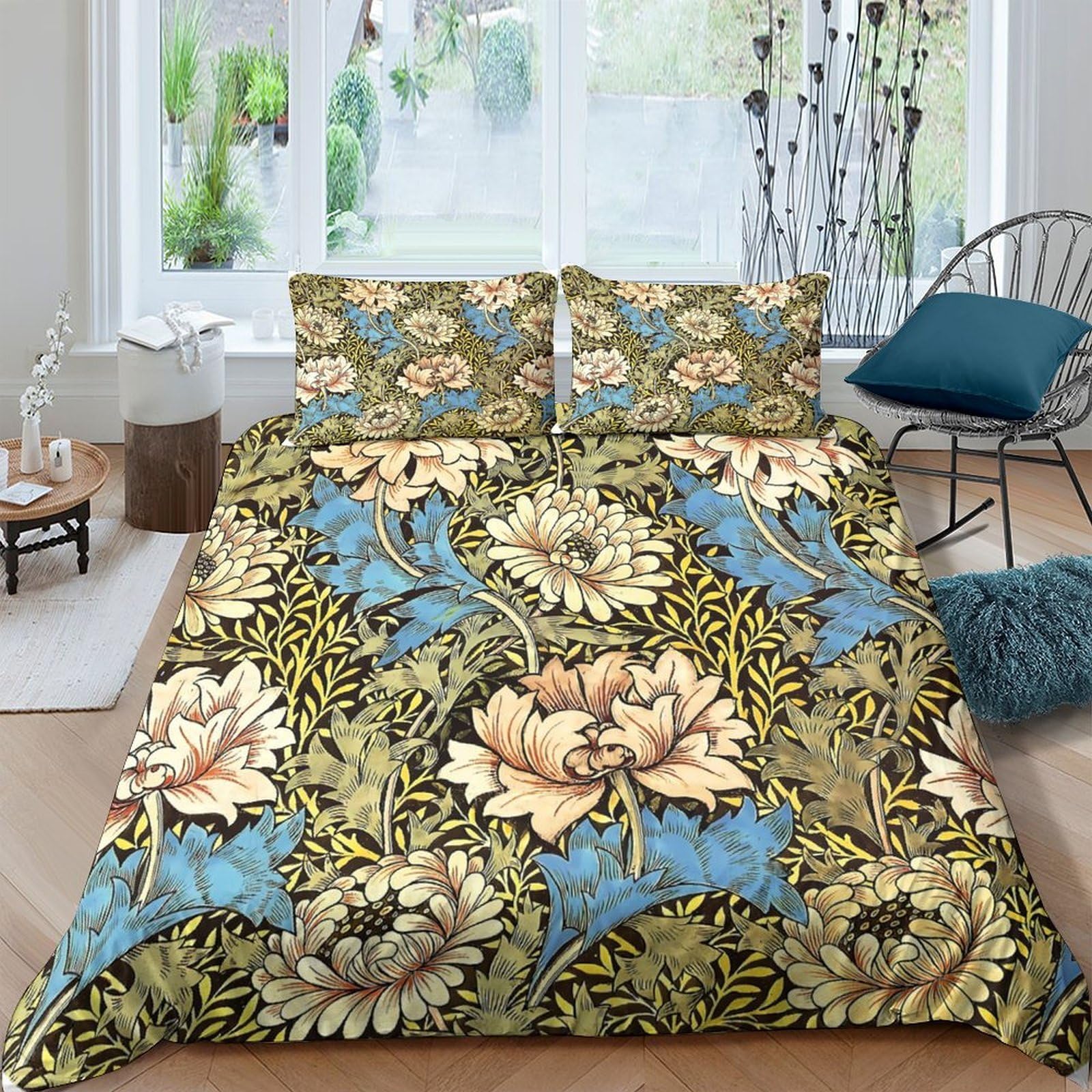 GPLZQXKJNH 3D Printed Floral Vintage Duvet Cover Microfiber Soft Breathable Botanical Bedding Set with 2 Pillowcases for Bedroom Decor Single（135x200cm）