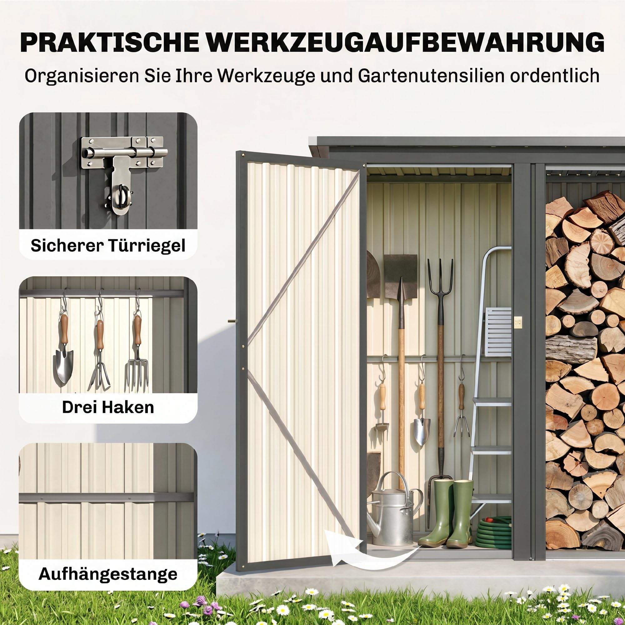 Outsunny 2-in-1 Kaminholzregal Geräteschrank 235x67x149 cm Dunkelgrau | Verzinkter Stahl, Schrägdach, Außen Brennholzregal, Kaminholzunterstand, Brennholzlager, Brennholzunterstand