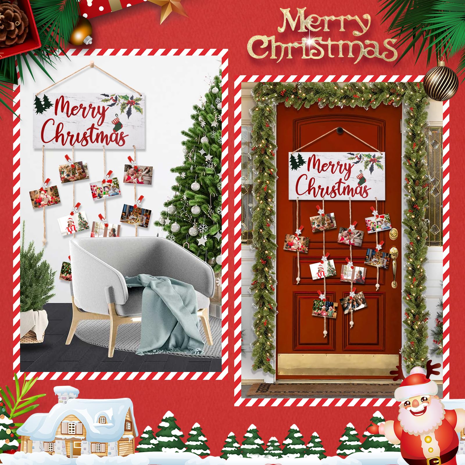 Portatarjetas de Navidad de madera para colgar en la pared con 30 clips de madera de copo de nieve para decoración navideña, decoración rústica de pared para oficina en casa (blanco)