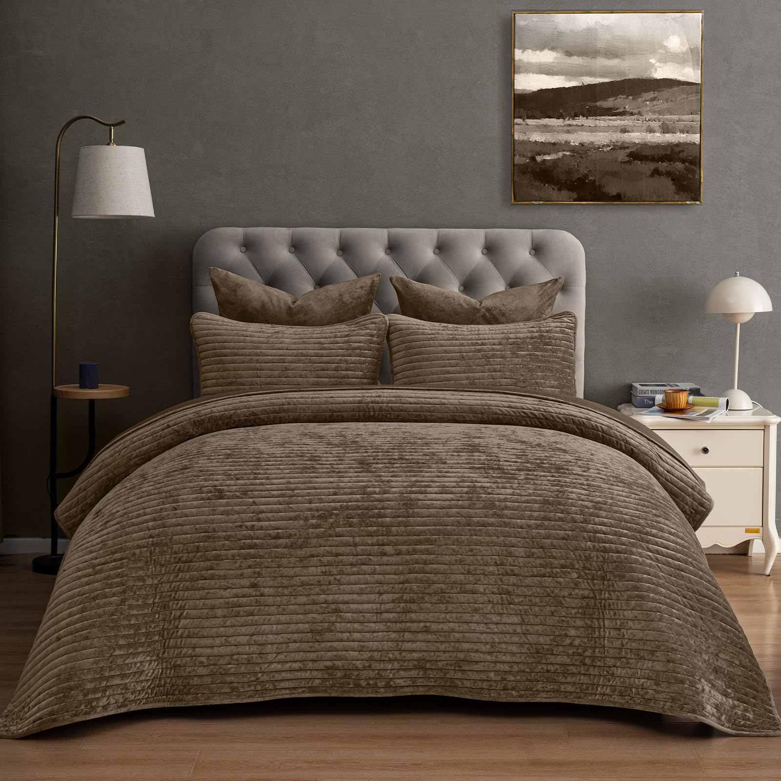 PHF Striped Channel Luxury Velvet Quilt Set Queen Size, Cub | Ultra Soft & Luxury Quilted Comforter Alternative, Bedspread for All Season. 1 Coverlet with 2 Matching Shams, Home Decor