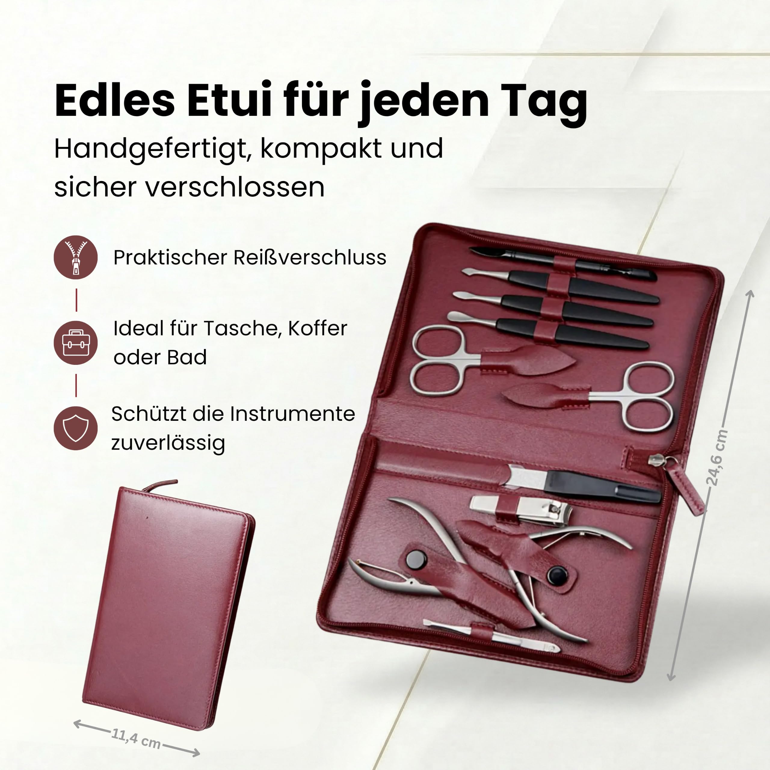 Sonnenschein by Hans Kniebes Maniküre Set 11-teilig Bordeaux - Manicure-Etui aus Nappa-Lammleder - Nagelschere Hautschere Nagelzange Pinzette Feile Knipser - Rostfreier Edelstahl