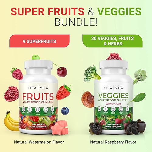 Miniatura 8 de Suplemento de frutas y verduras, gomitas de frutas y verduras (120 masticables), 9 superfrutas y 30 verduras, frutas y hierbas, vitaminas de frutas