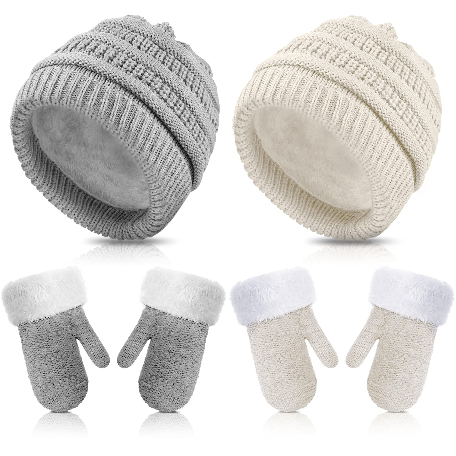 2 Sets Baby Warm Winter Hat and Mitten Gloves Set for Kids Toddler Children Knit Beanie Hat Gloves for Girls Boys(Grey, White,1-3 Years)