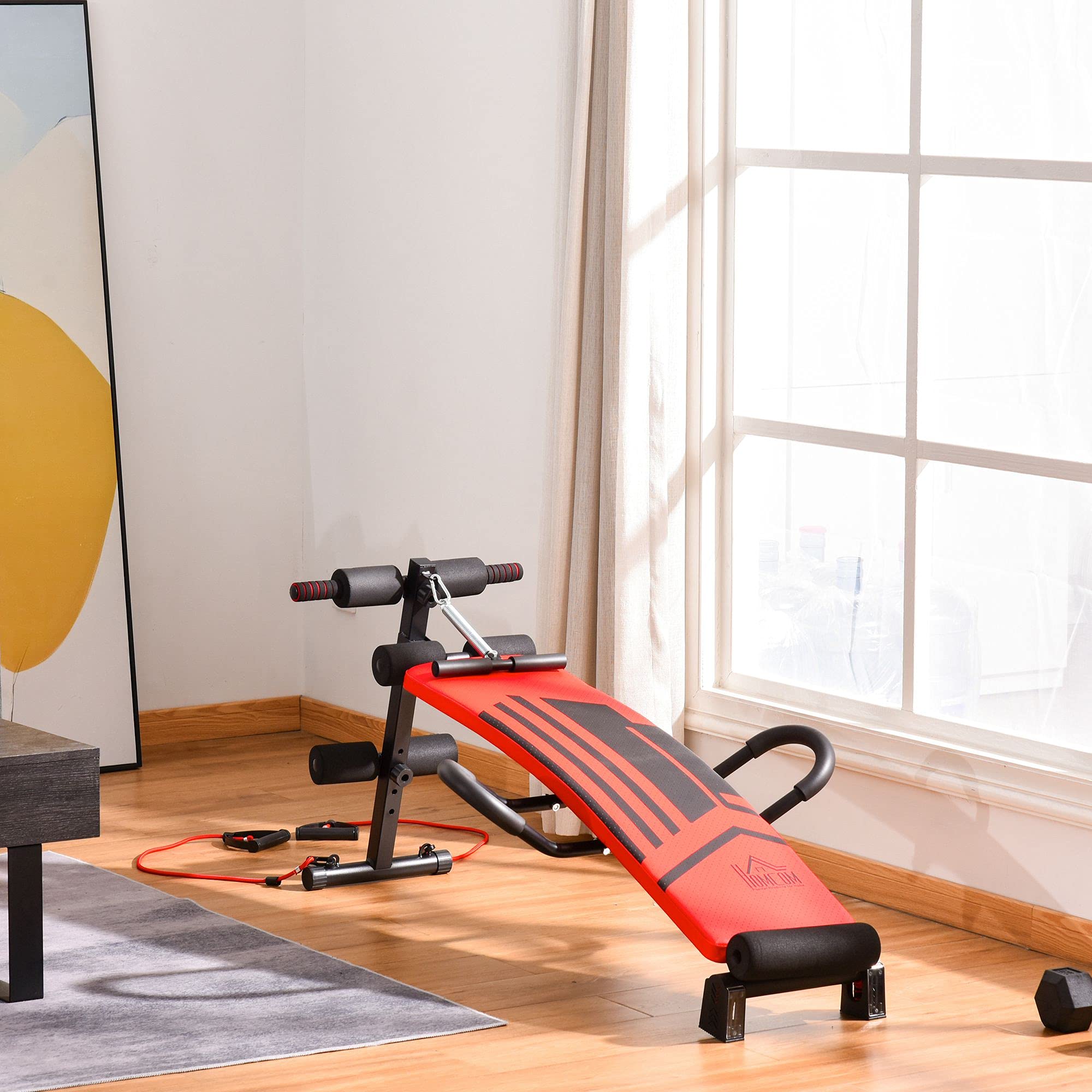 HOMCOM Banc de musculation pliable multifonction appareil fitness sit-up abdo hauteur réglable amortisseurs + sangles élastiques acier revêtement synthétique 137 x 72 x 62 cm rouge noir